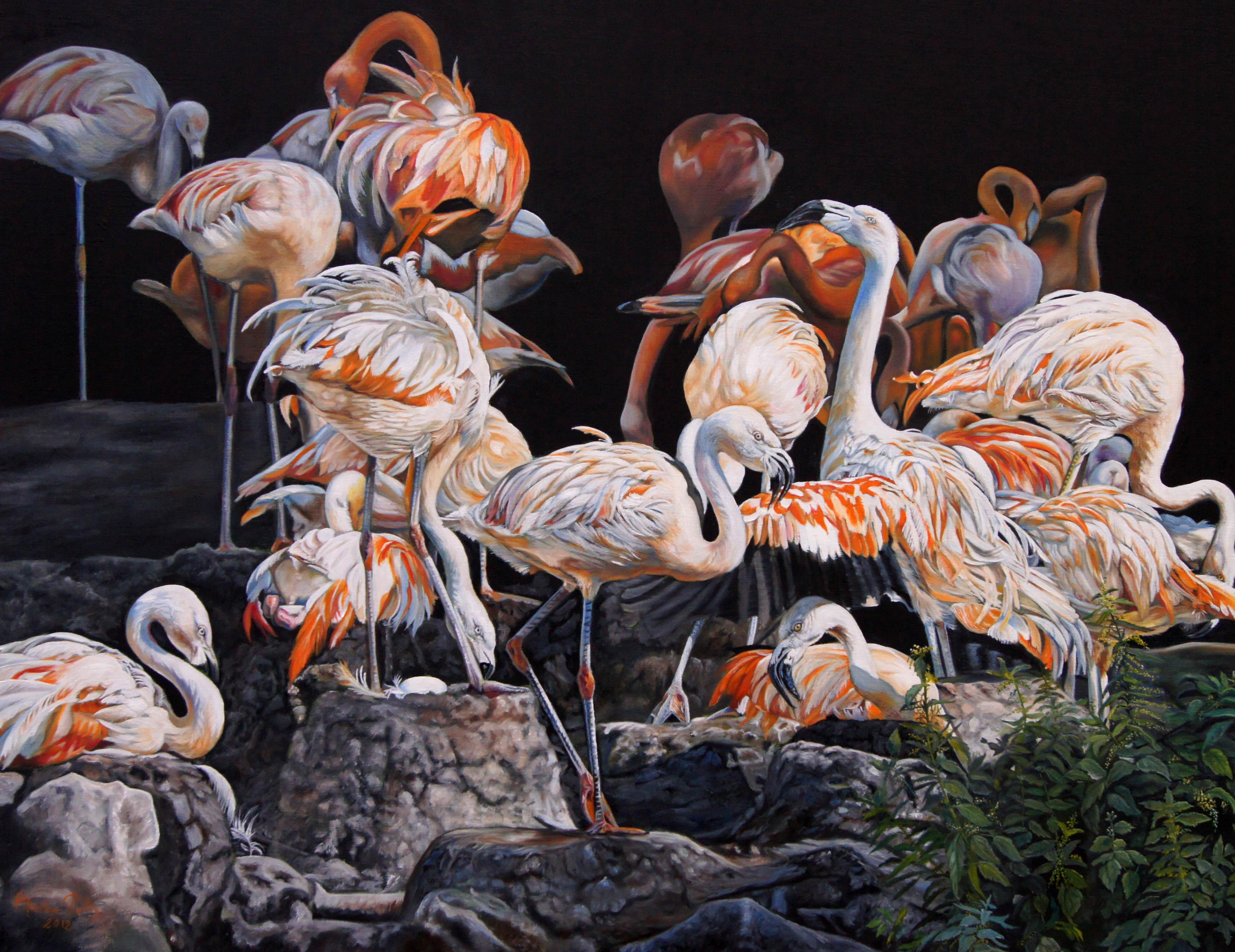 Französisches zeitgenössisches Tiergemälde von Christine Pultz – Concerto di Fenicotteri