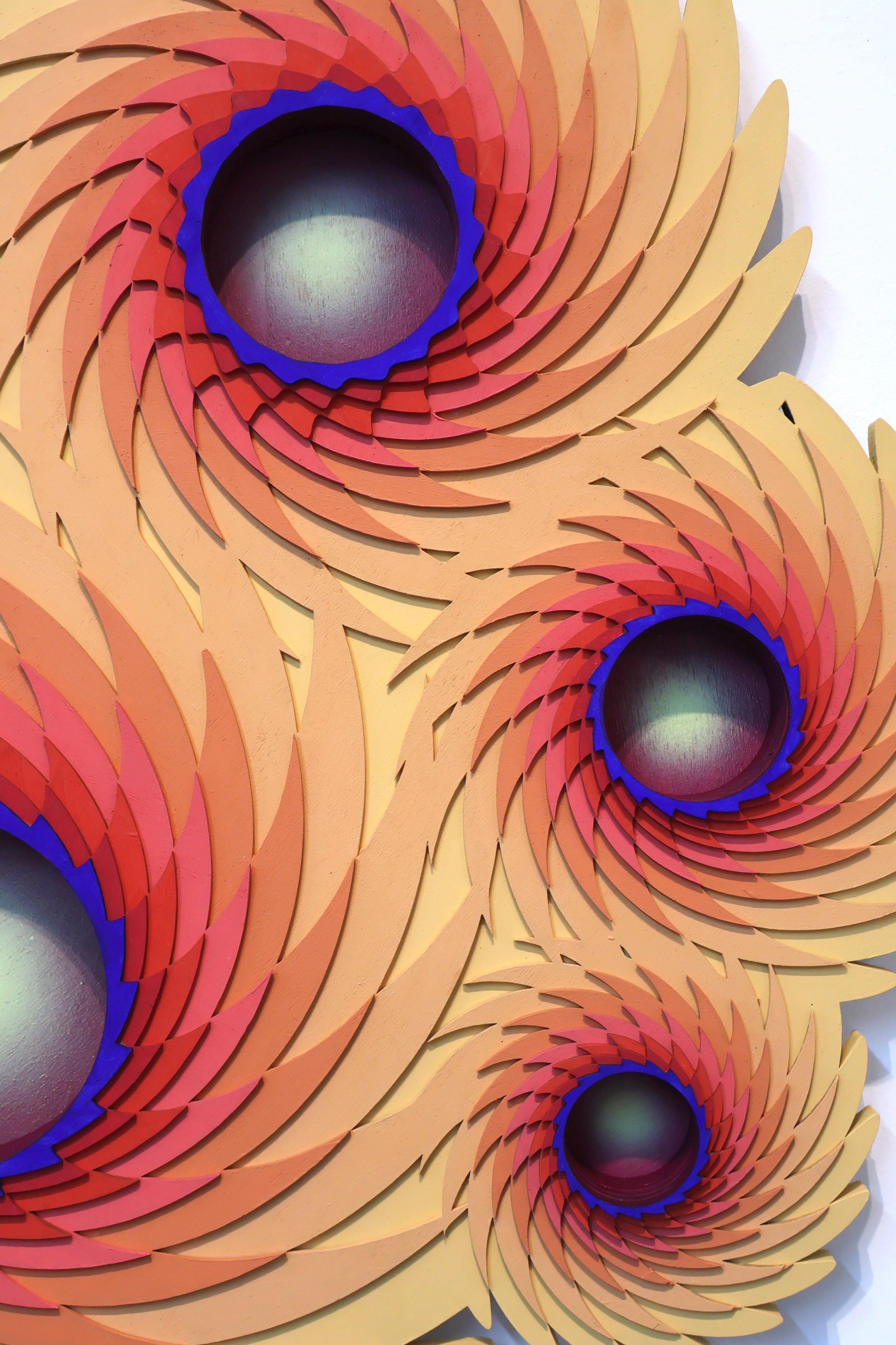 Girasole cosmico, una scultura geometrica da parete di colore giallo vibrante con profondità ottica - Abstract Painting Giallo di Christine Romanell