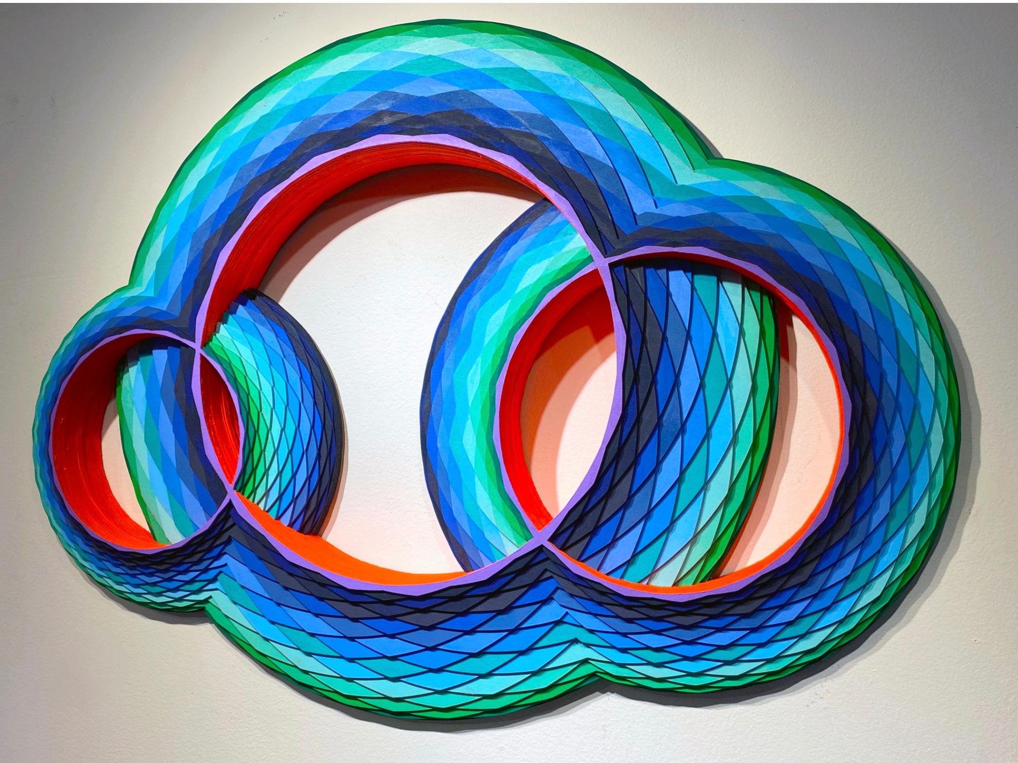 Lagoon, multi-color geometric circular wood wall sculpture by Christine Romanell 1