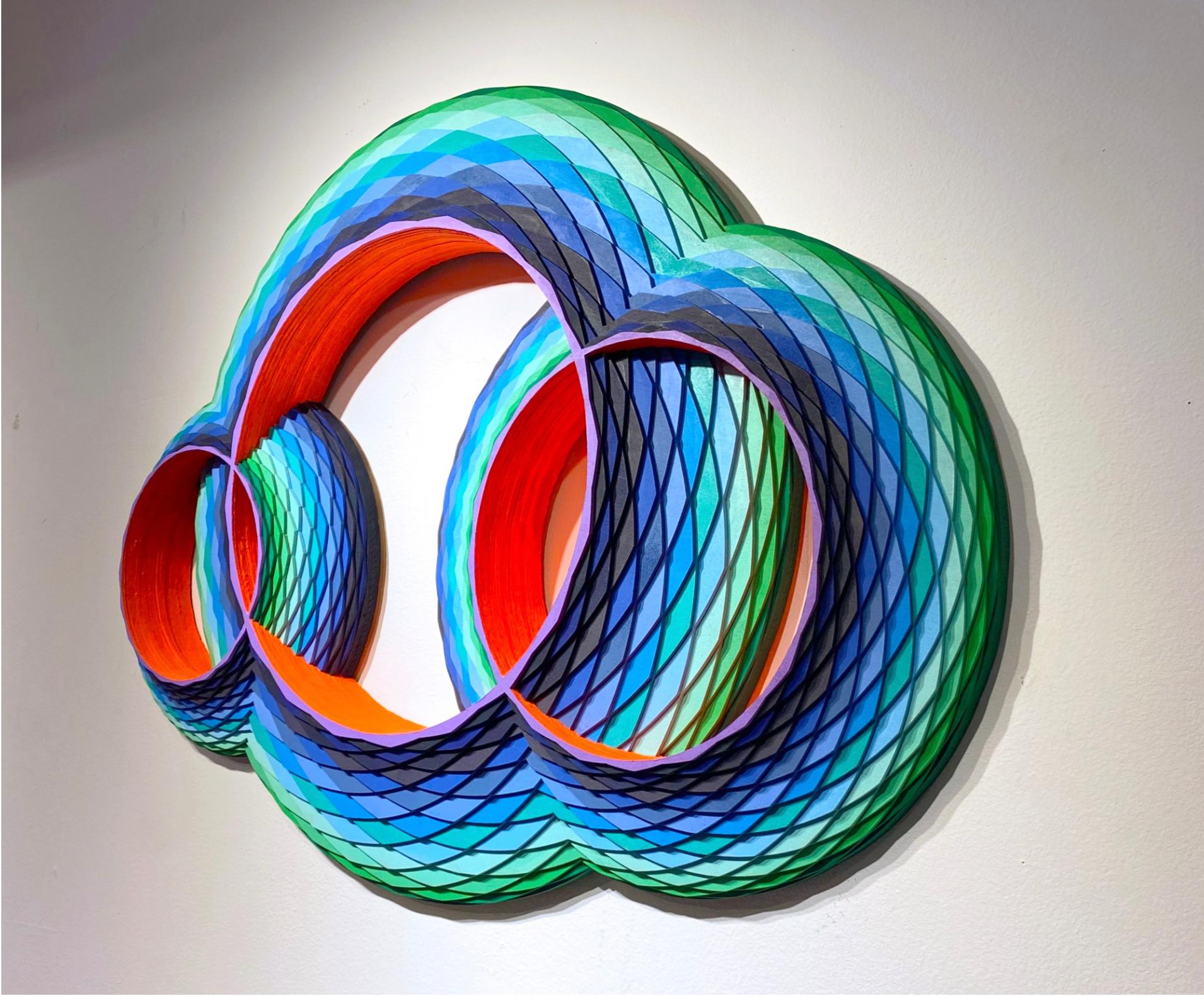 Lagoon, multi-color geometric circular wood wall sculpture by Christine Romanell 2