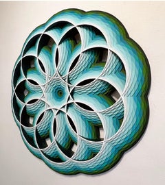 Soft Water, Abstract geometric circular wall sculpture blue, green,  white hues 