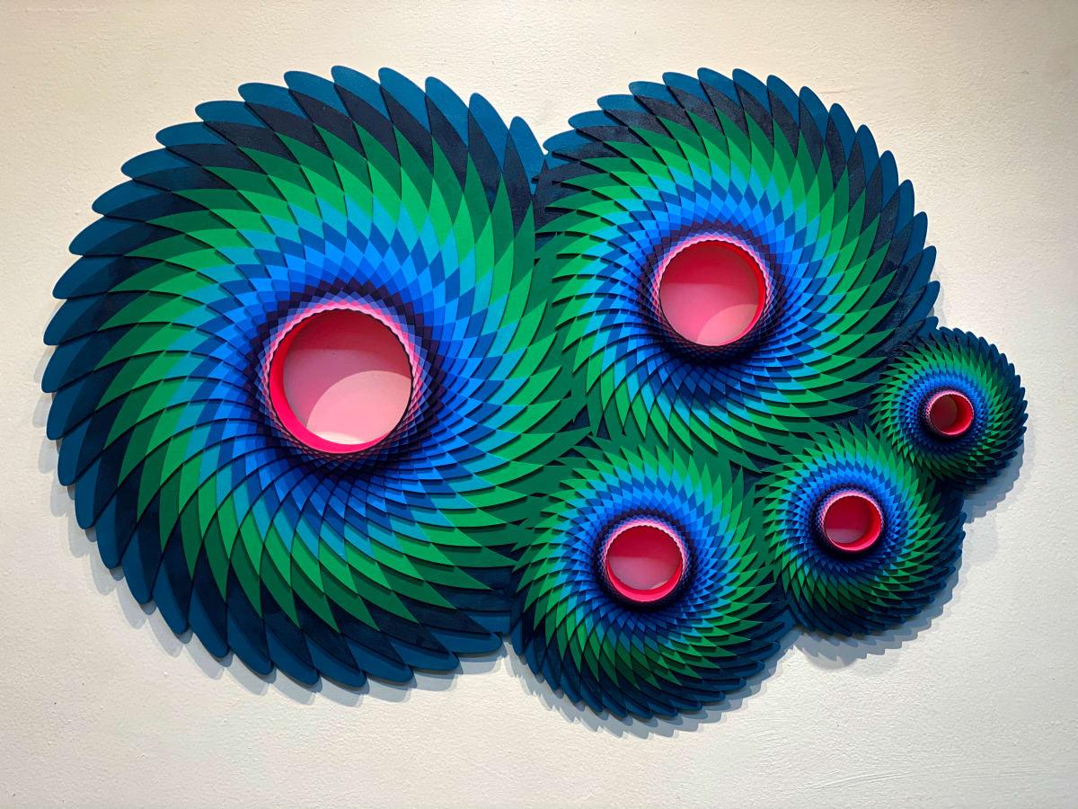 5 point conjunction, Acrylic on Lasercut Wood Geometrical wall sculpture