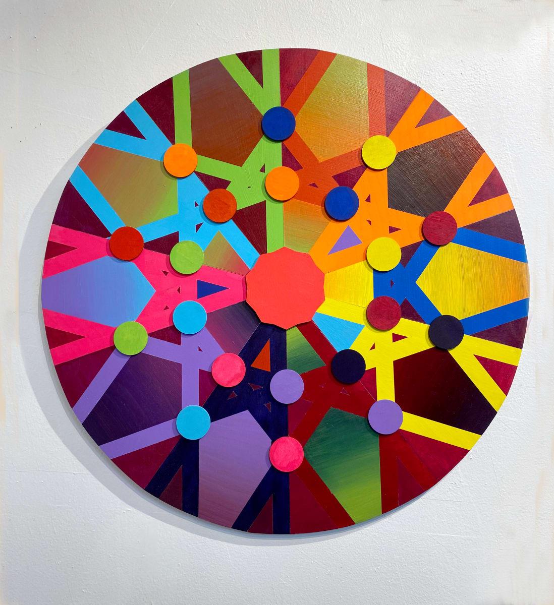 Allotropy, Acrylic on Wood by Christine Romanell

Christine Romanell’s colorful wall sculptures and installations explore non-repeating patterns informed by cosmology and physics, while rooting itself in applied design similar to Islamic patterning.