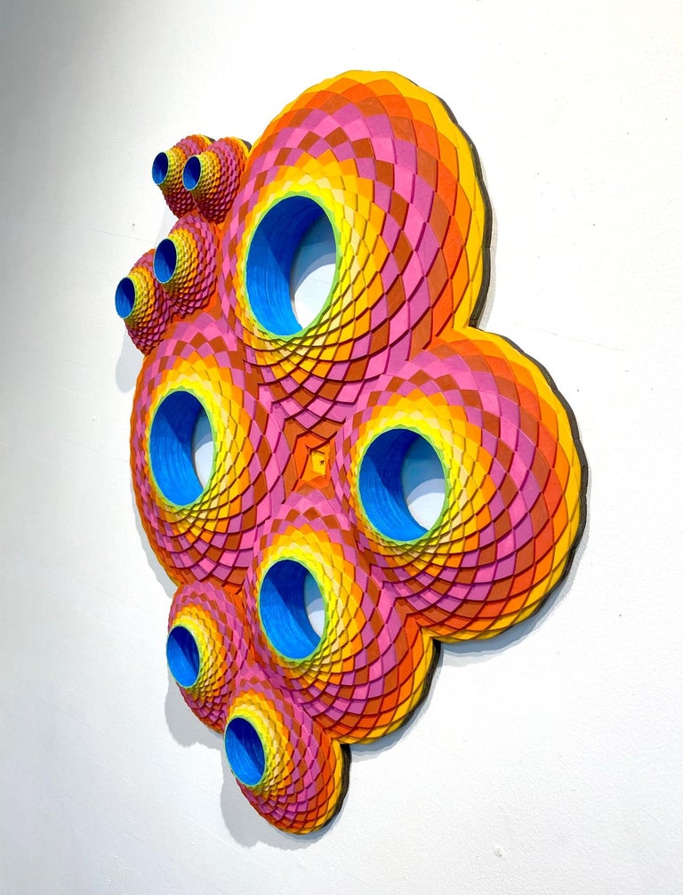 Double Pink Pentuple, abstract geometric rainbow spectrum wall sculpture - Sculpture by Christine Romanell