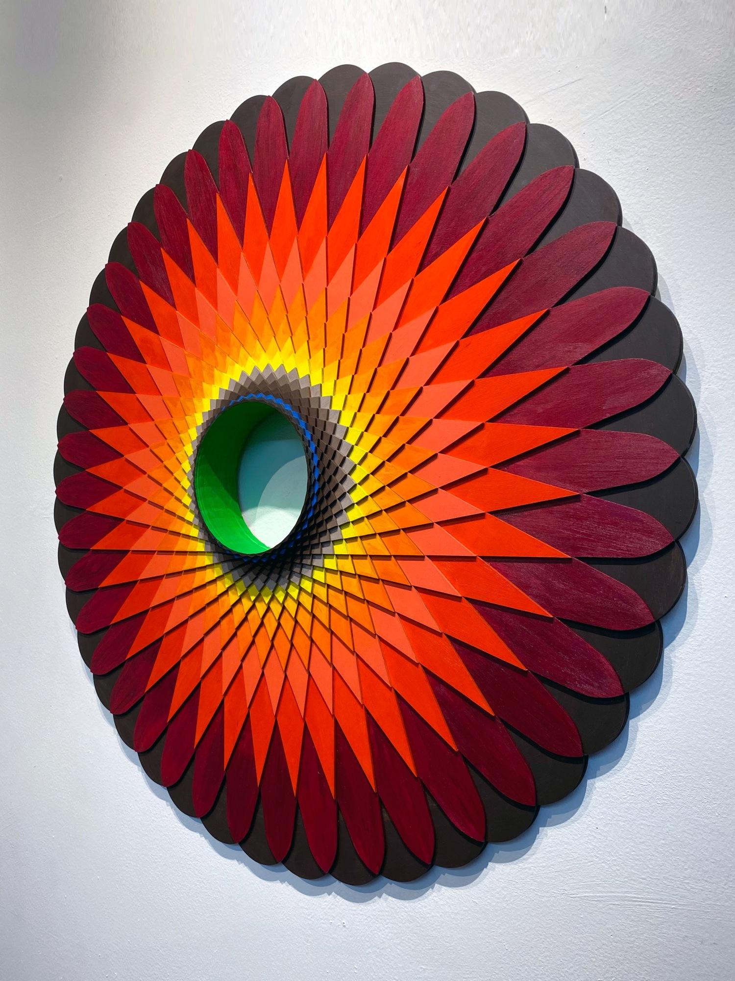 Flame, Acrylic on Wood, Circular geometric Wall sculpture by Christine Romanell For Sale 3