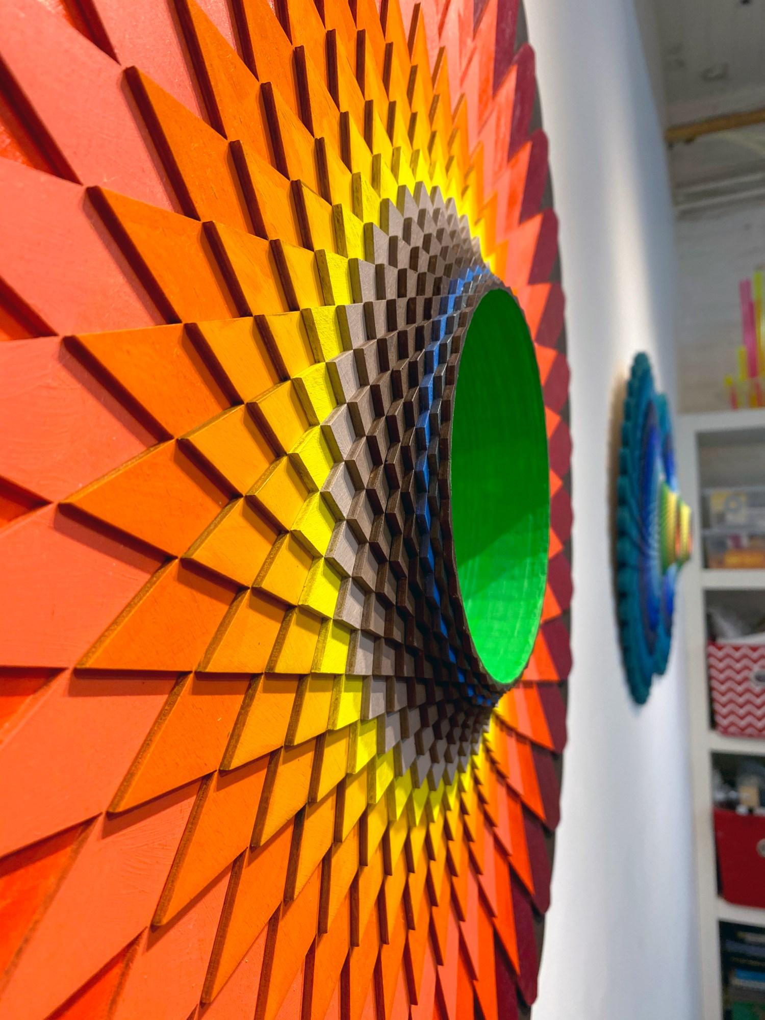 Flame, Acrylic on Wood, Circular geometric Wall sculpture by Christine Romanell For Sale 4
