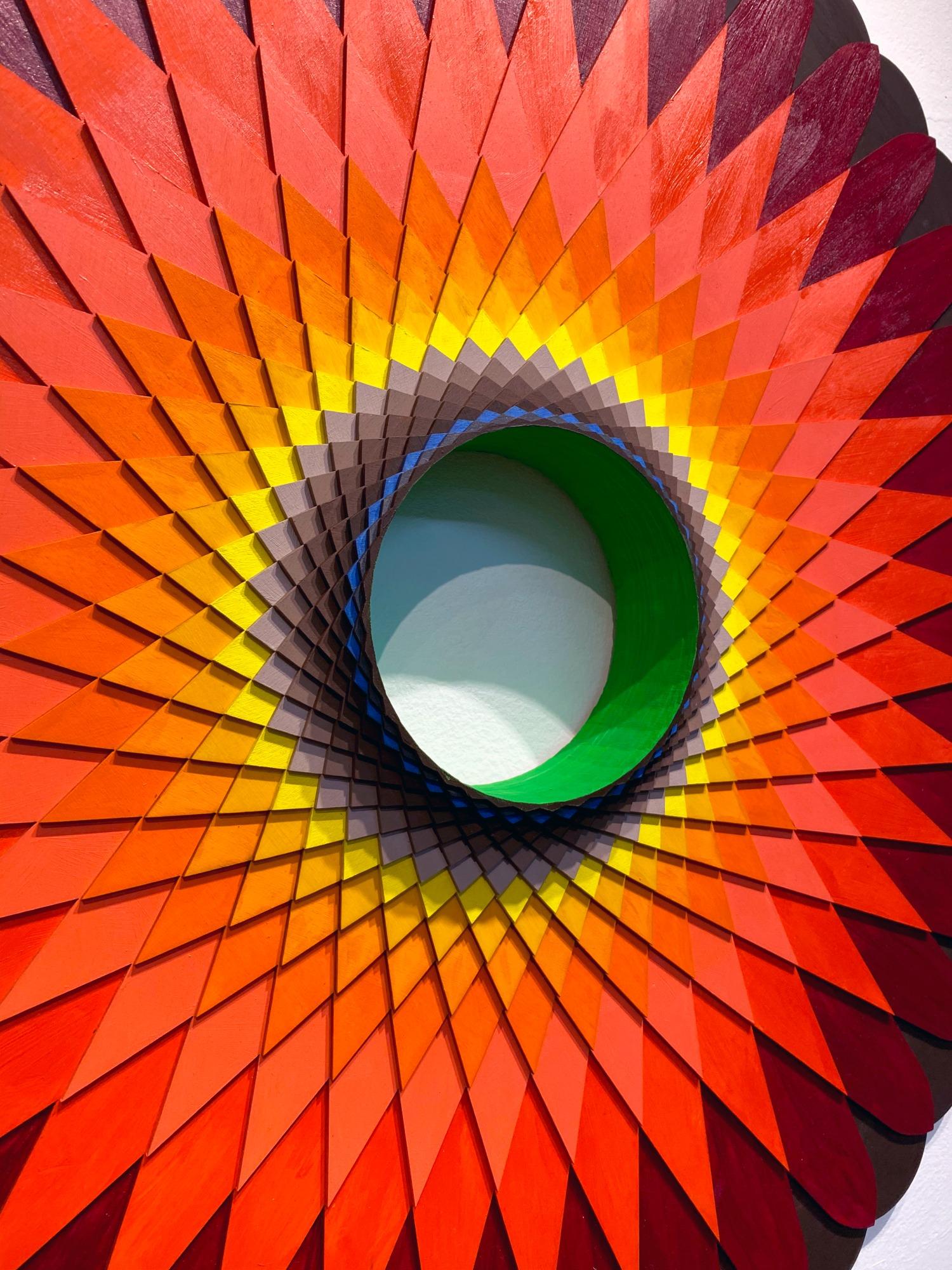 Flame, Acrylic on Wood, Circular geometric Wall sculpture by Christine Romanell For Sale 5
