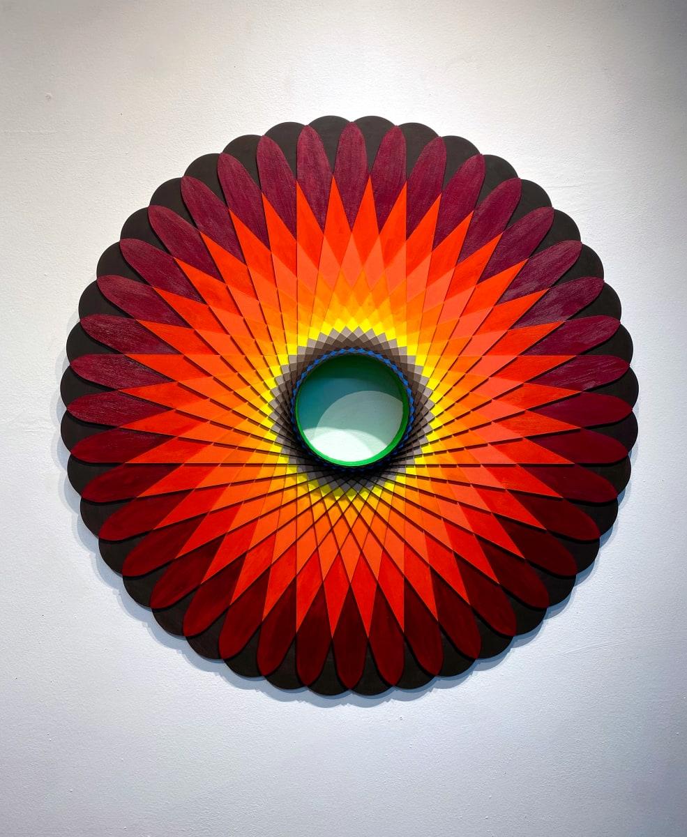 Flame, Acrylic on Wood, Circular geometric Wall sculpture by Christine Romanell