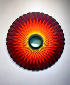 Flame, Acrylic on Wood, Circular geometric Wall sculpture by Christine Romanell