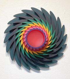 Satélite verde una colorida escultura de pared geométrica circular tridimensional