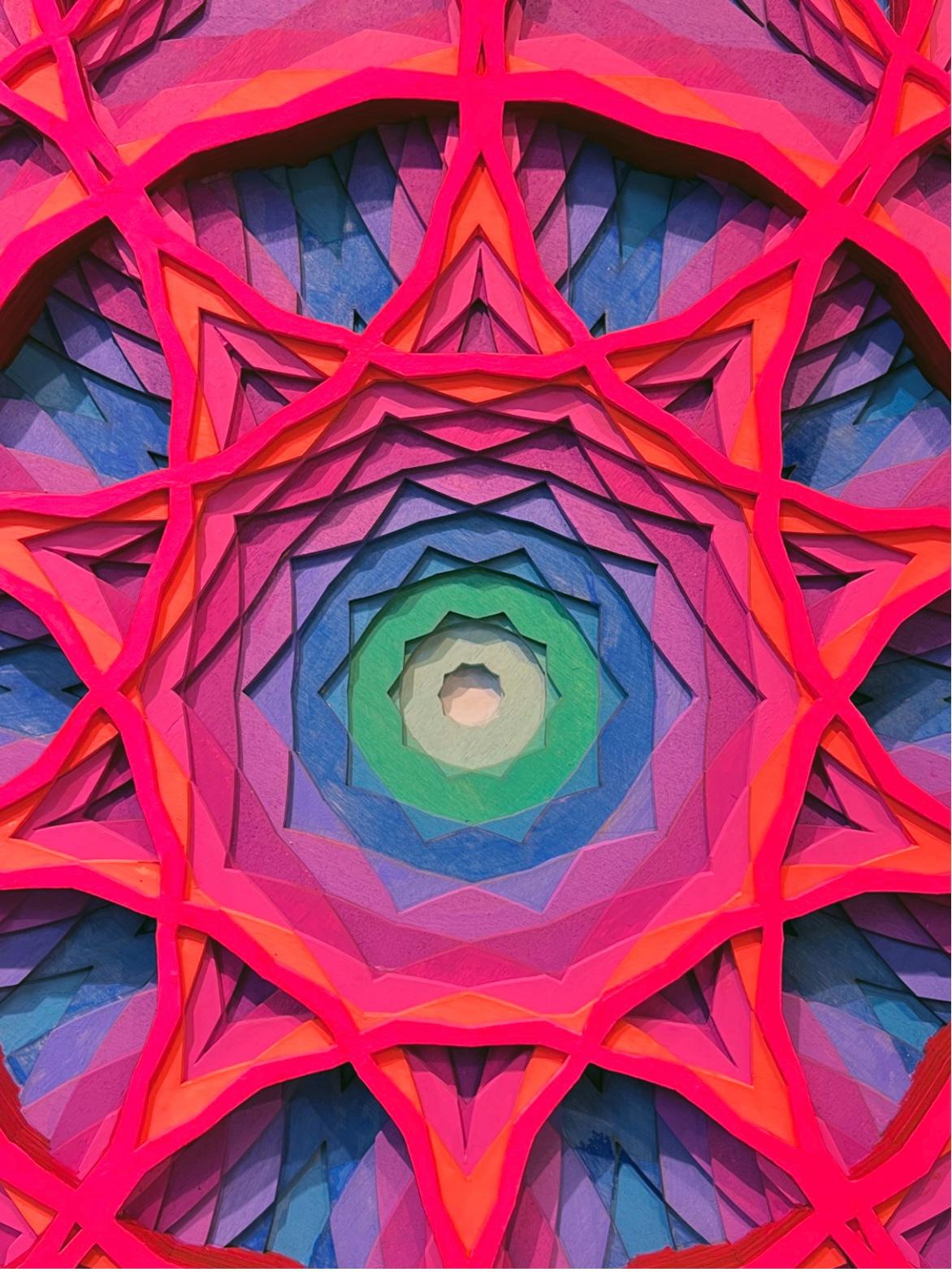 Smokey Pink is a beautiful vibrant abstract geometric circular shaped painting/wall sculpture.  Centering around bold neon pinks, purples, blues, and green hues this stunning piece pulls you right into the mesmerizing patterns and textures.  Ready