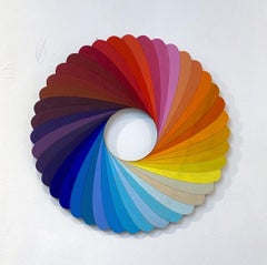 Spectrum, multi-color acrylic, circular wood wall sculpture, Christine Romanell