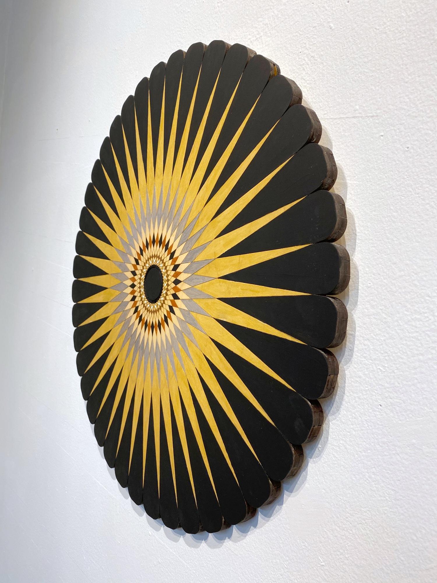 Starburst 1, Gold, yellow, silver, orange and black diagonal lines painted with Acrylic in a circular starburst shape. On Wood, mounts to a wall.  Ready to hang.  Signed by artist on verso

 Christine Romanell

ARTIST BIO
Christine Romanell’s