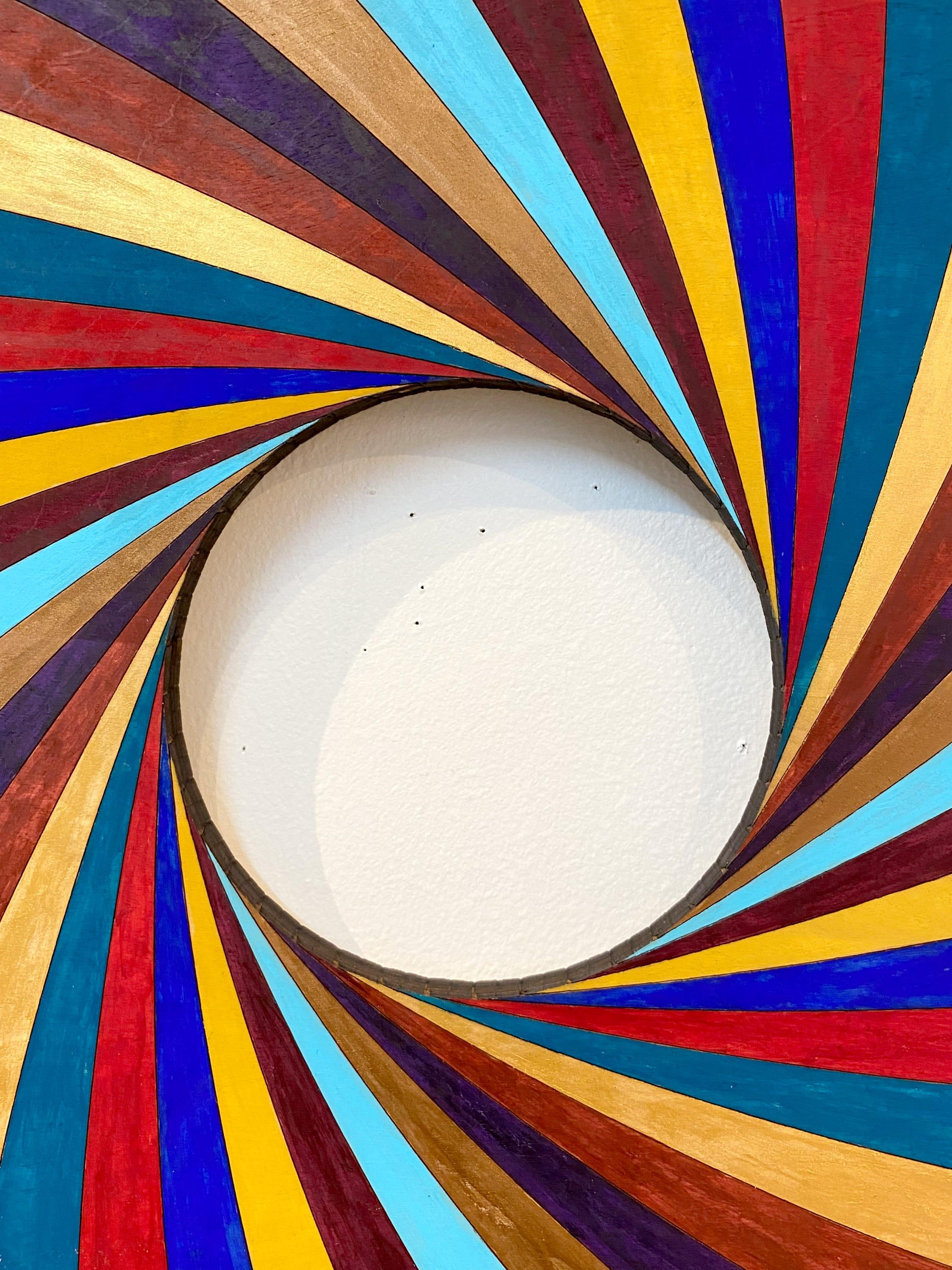 Stripe Twist, color acrylic, circular wood wall sculpture, Christine Romanell For Sale 1