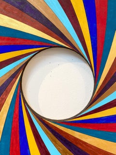 Stripe Twist, color acrylic, circular wood wall sculpture, Christine Romanell