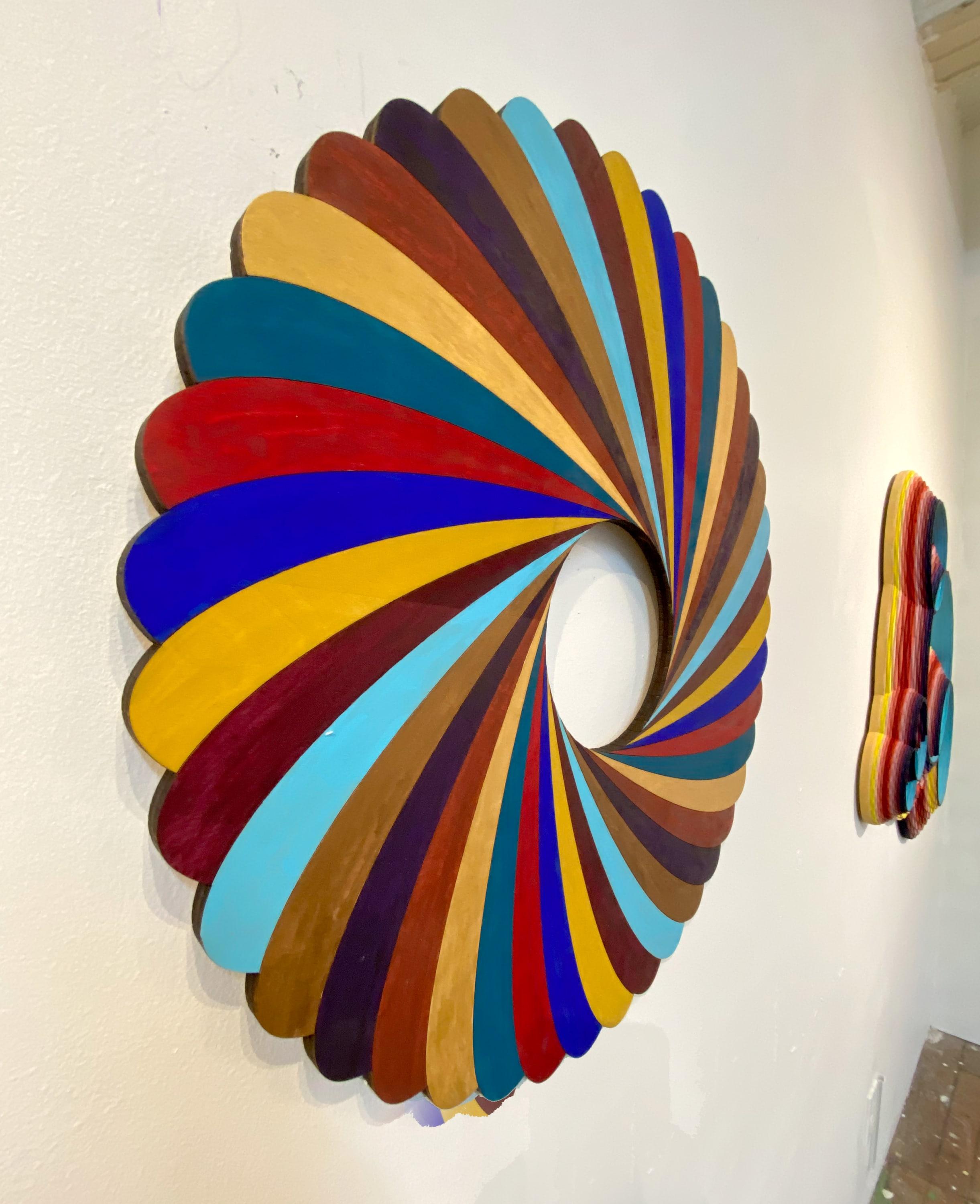 Stripe Twist, color acrylic, circular wood wall sculpture, Christine Romanell For Sale 2