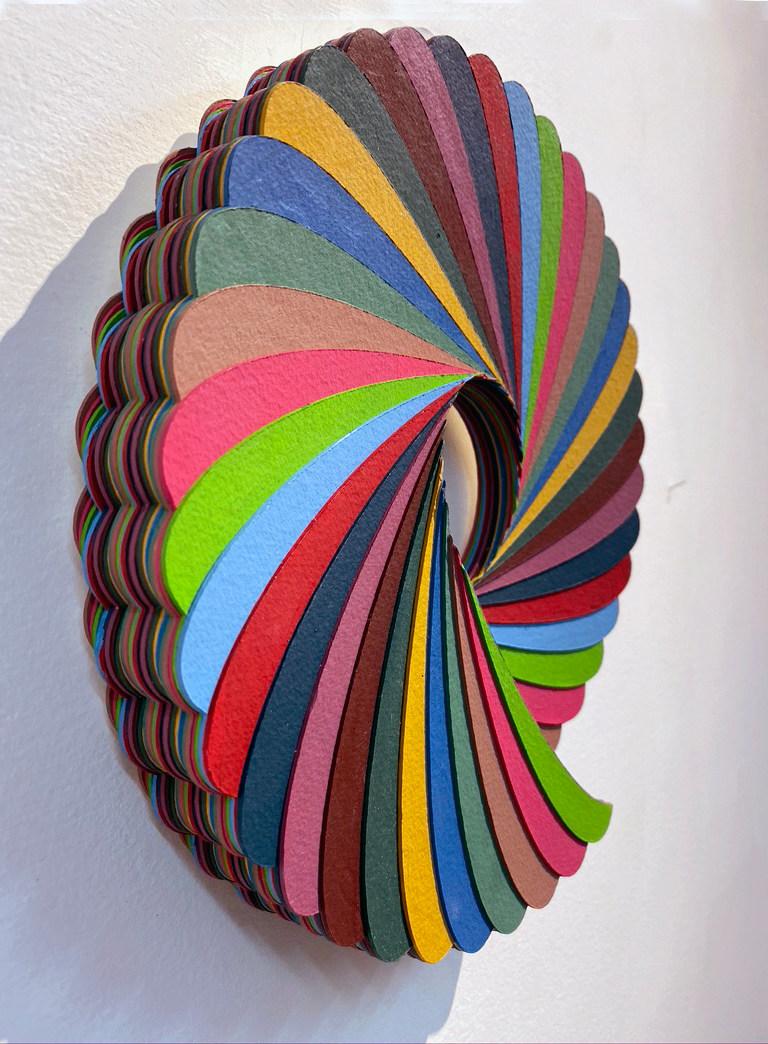 Swirl, Gouache on paper, circular wall sculpture by Christine Romanell 3