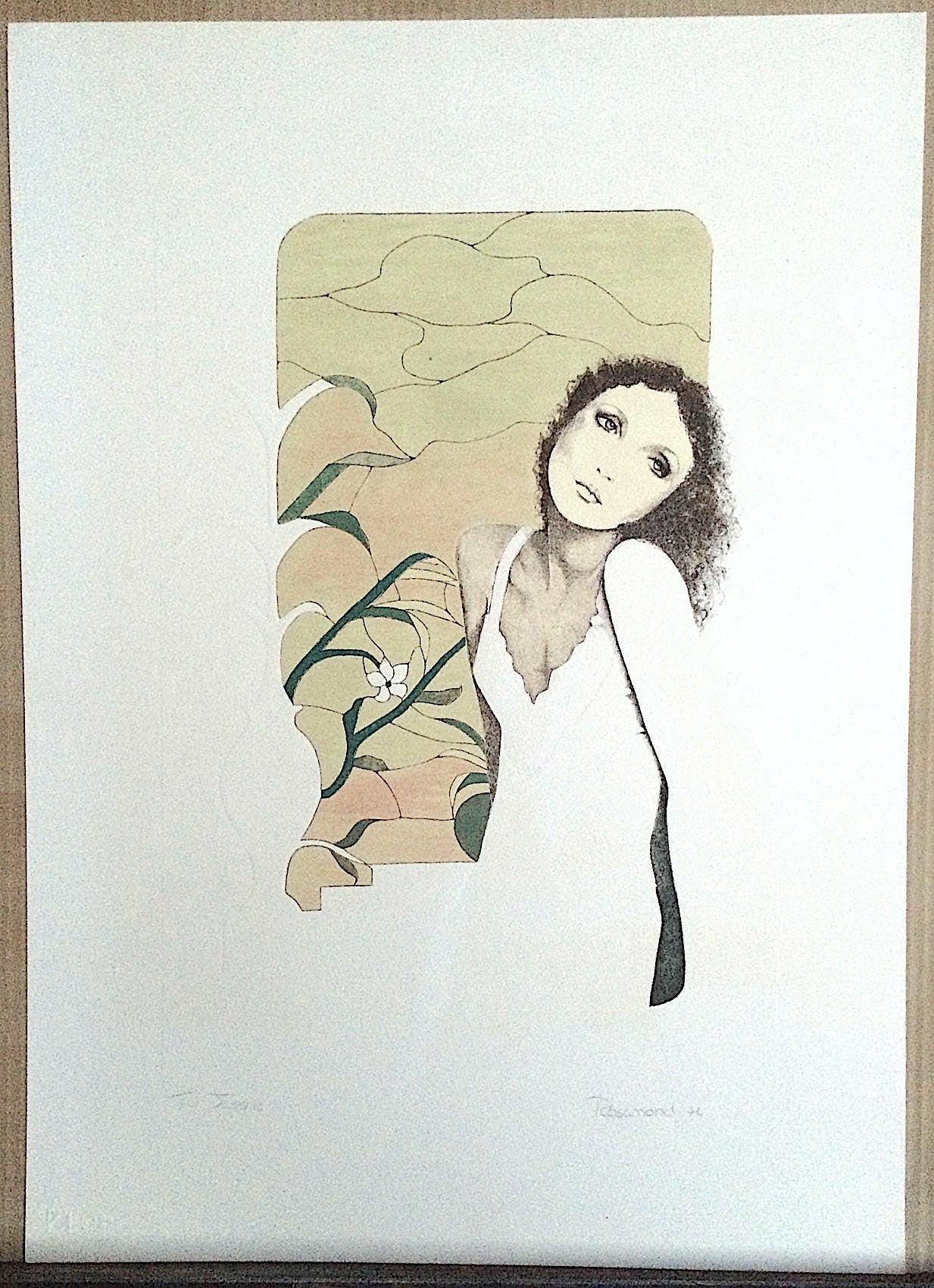 TRISTESSE Signed Lithograph, Young Woman Sad Eyes, White Slip Dress - Beige Portrait Print by Christine Rosamond