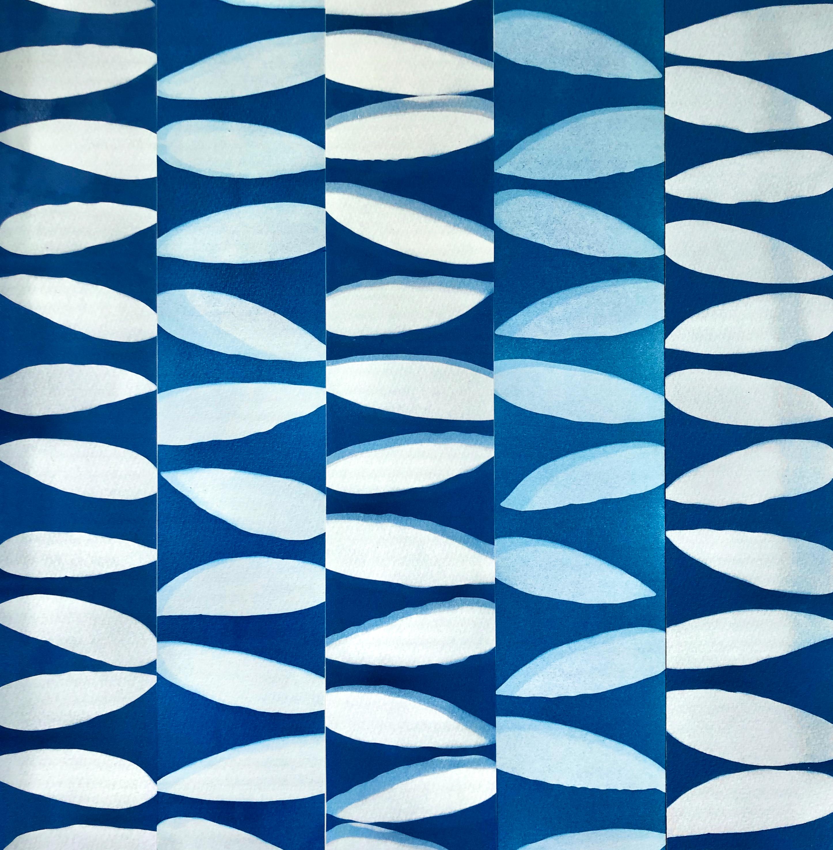Azul y blanco (collage monotipico de 16 x 16 pulgadas montado sobre panel de madera)