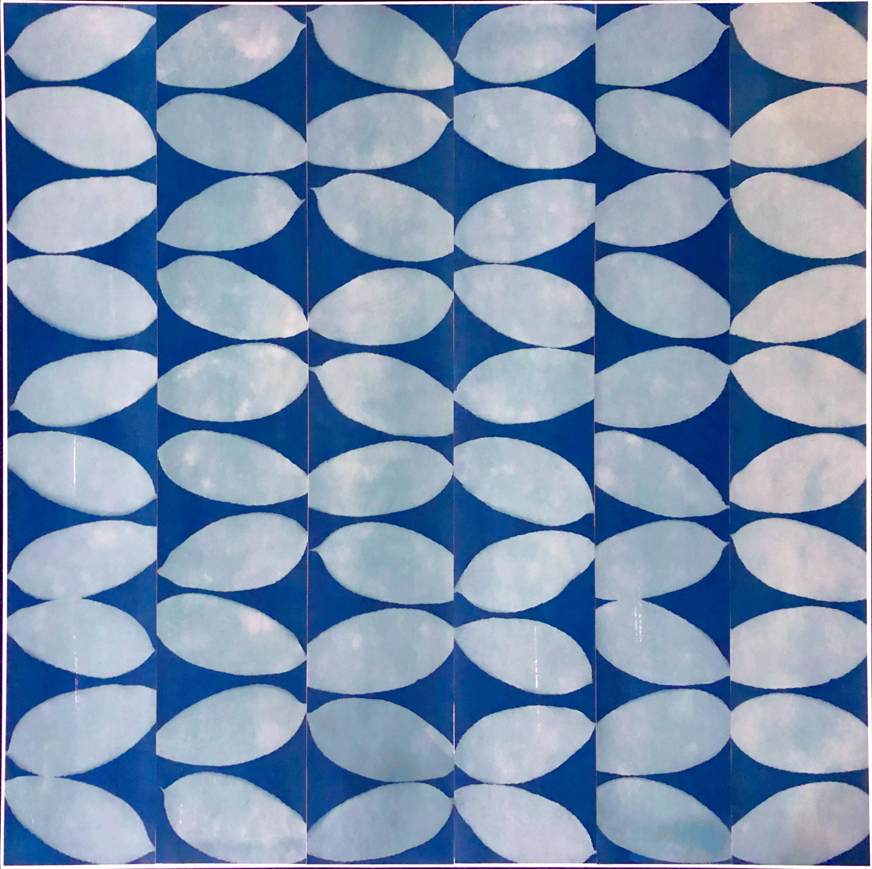 Blue on Blue (Single 36 x 36 inch monotype collage mounted on wood panel)