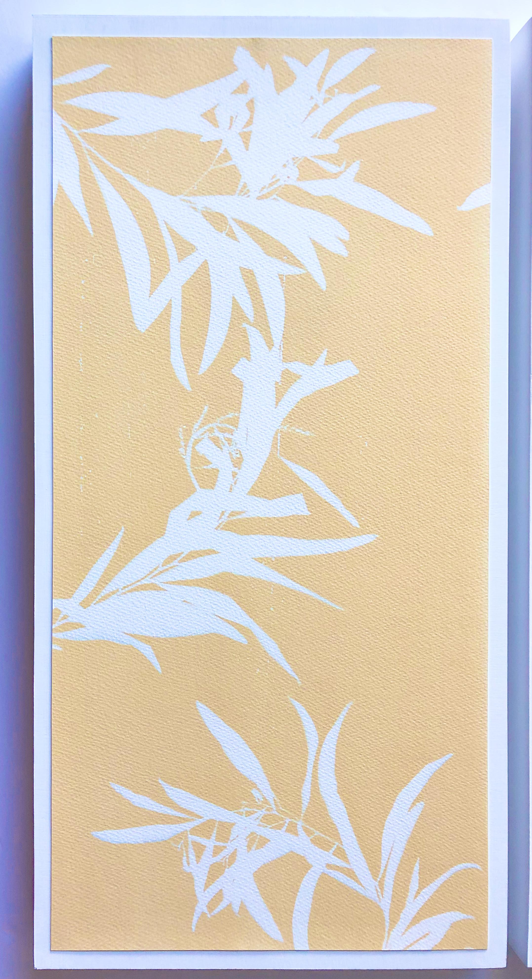 These yellow monotypes look like block prints or screen prints but are actually lensless photographs. They began as blue cyanotypes and were turned yellow through a process called 