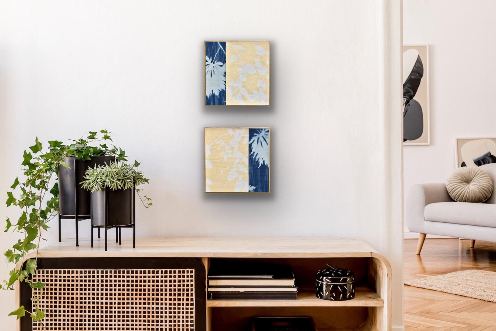 Night and Day 7 Diptych (Two 8 x 8 inch monotype collage mounted on wood panels) 8