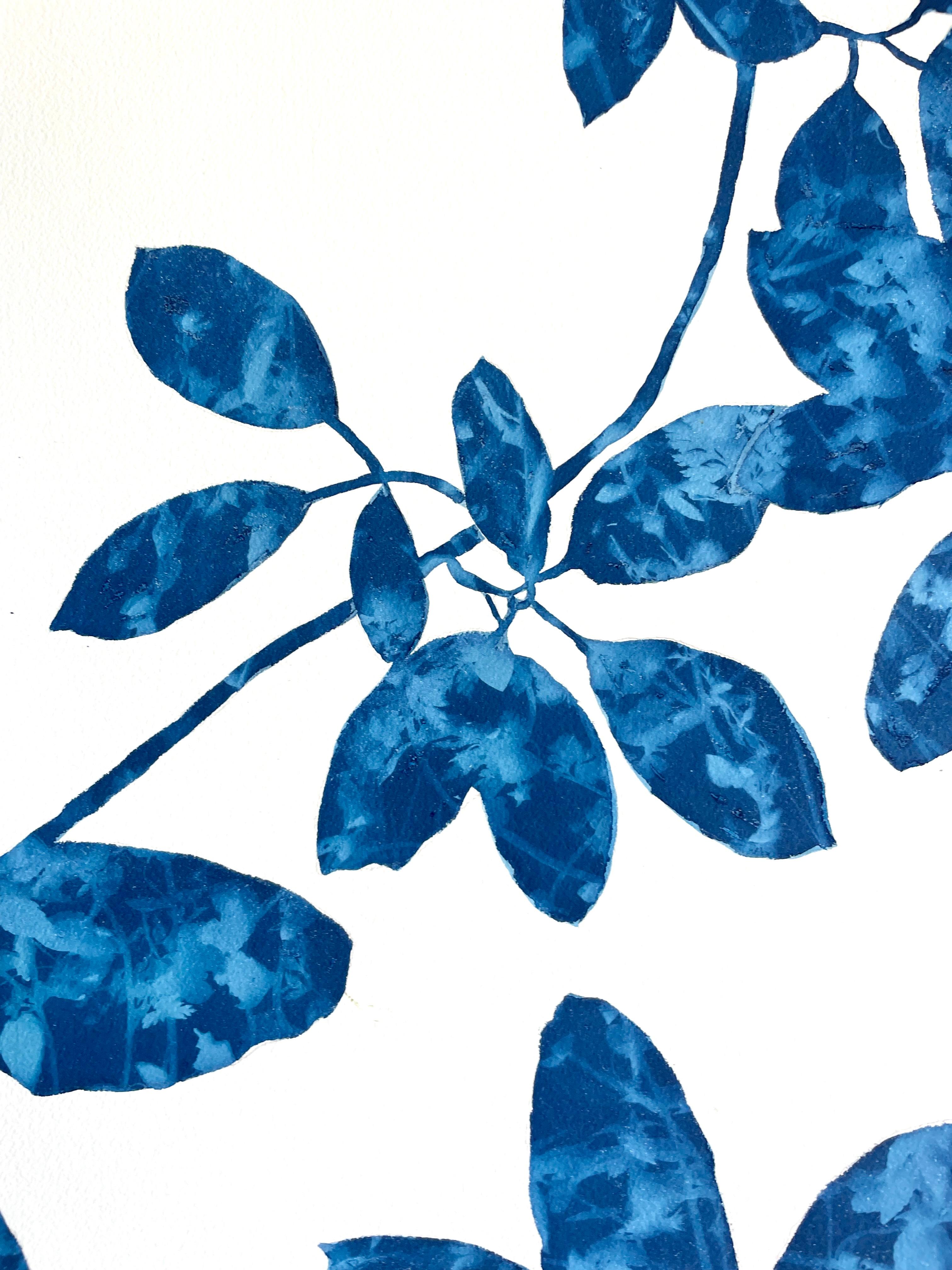 The intricate pattern seen in each tree leaf is is a combination of painting and photography, the antique cyanotype process. The silhouette of the plant was first drawn, then painted, not with ink or paint, but with light-sensitive photo emulsion.