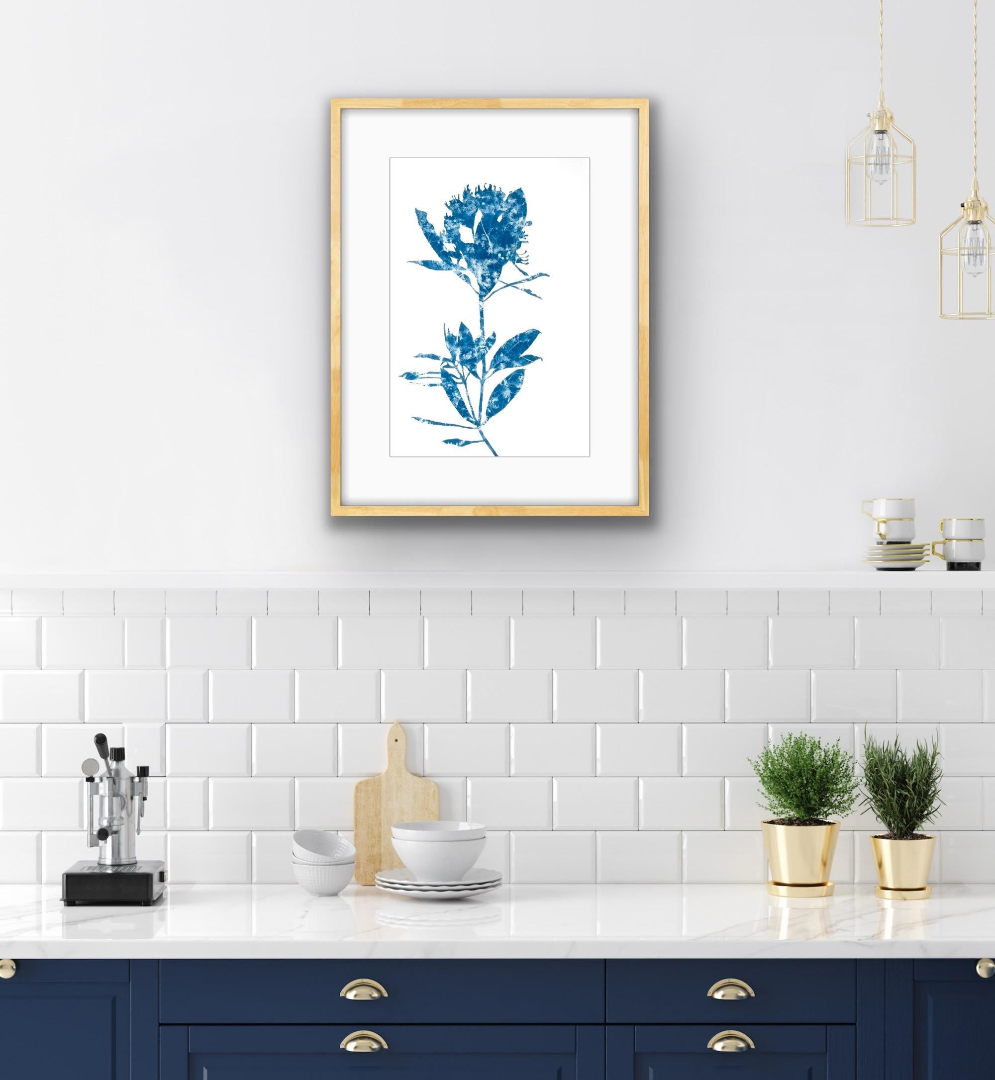 Rhododendron Branch III (dipinto in cianotipia 18 x 12 pollici) - Painting di Christine So
