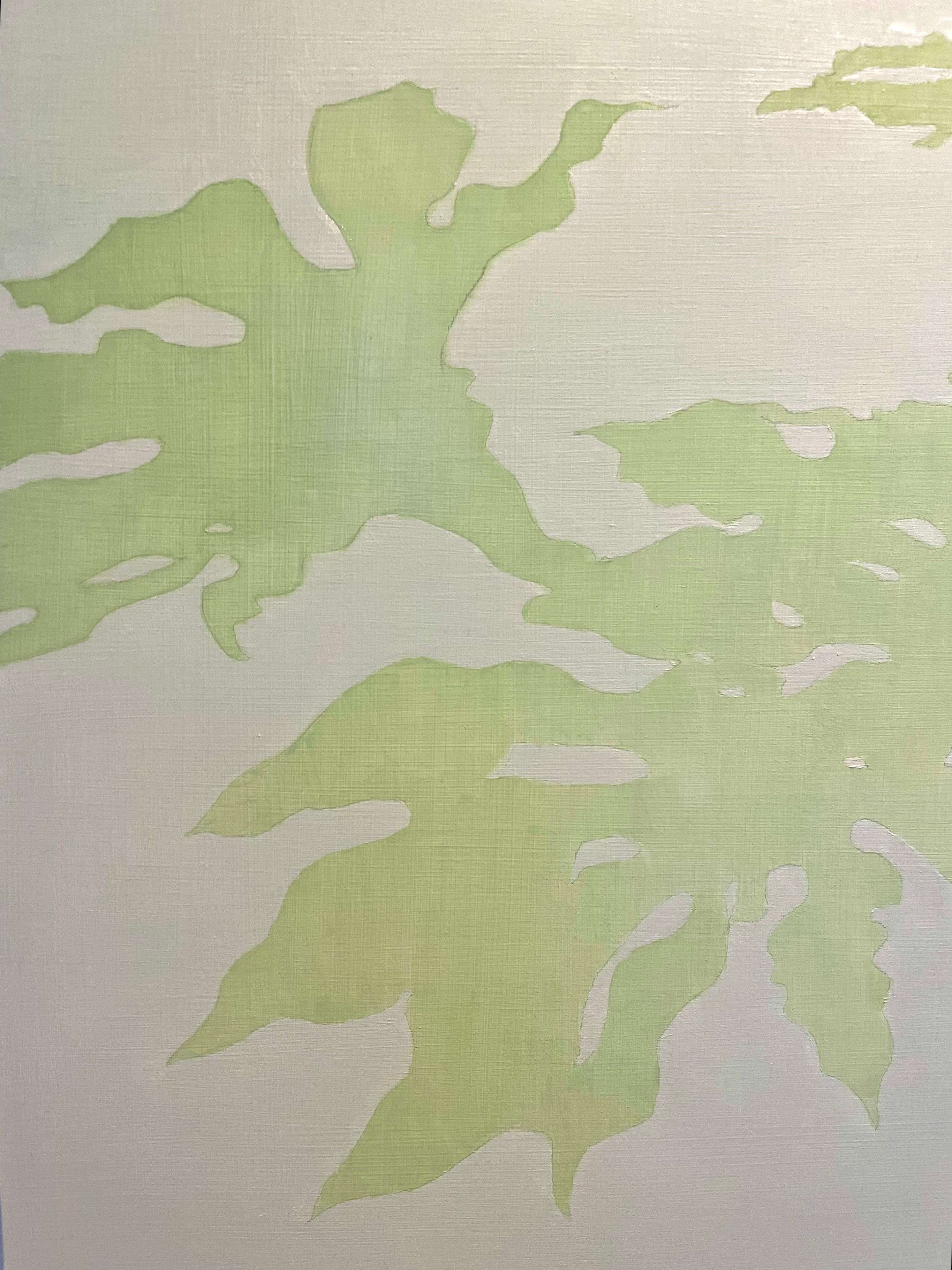 Lavori nuovi di zecca completati nel giugno del 2024. Questo quadro originale a olio su pannello di betulla è dipinto in un verde pallido e traslucido primaverile e ha una leggera lucentezza. Questa è la silhouette di un'aralia giapponese (pianta