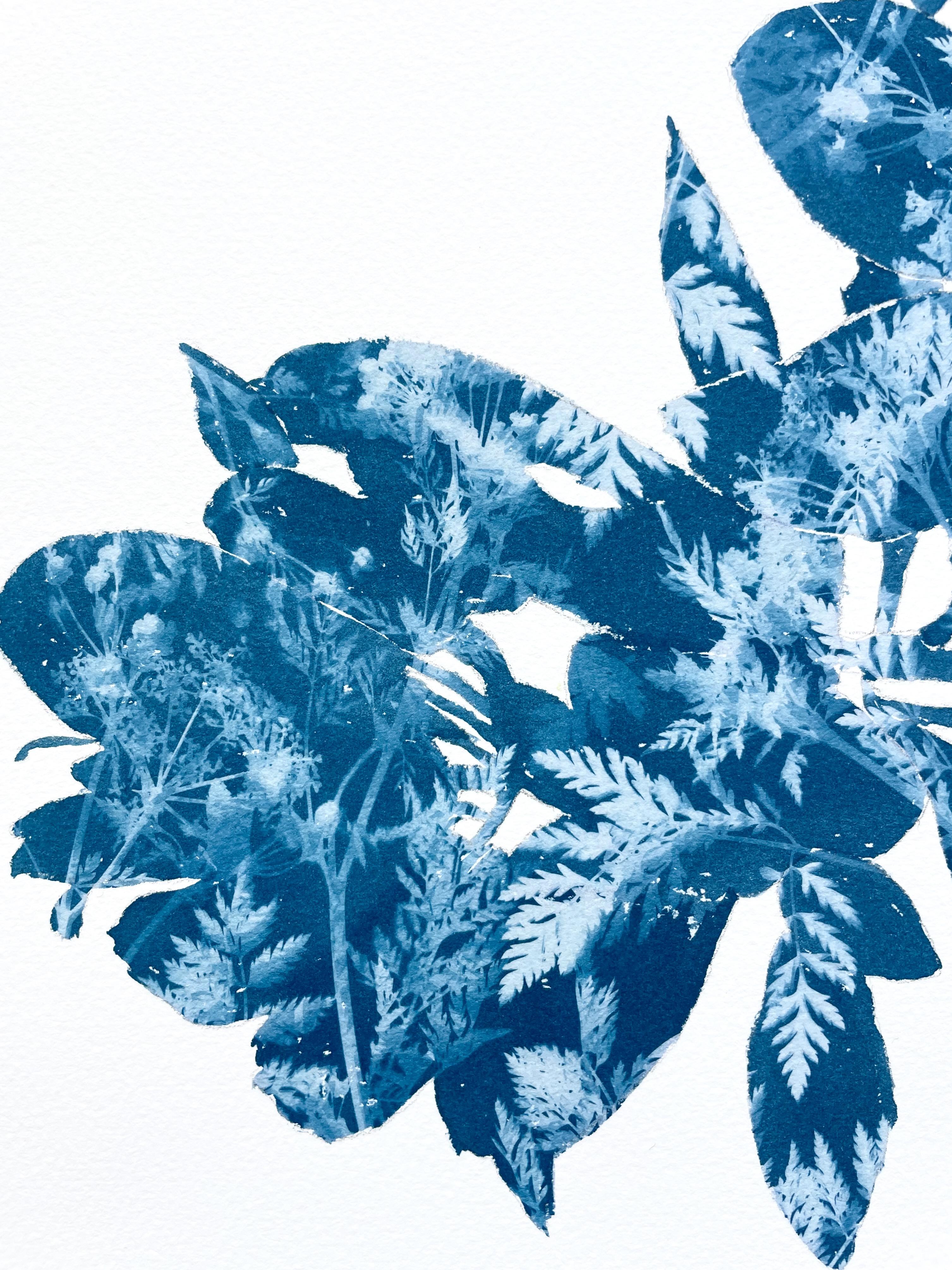 Rododendro primaverile II (dipinto in cianotipia 18 x 12 pollici) - Still-Life Painting Blu di Christine So