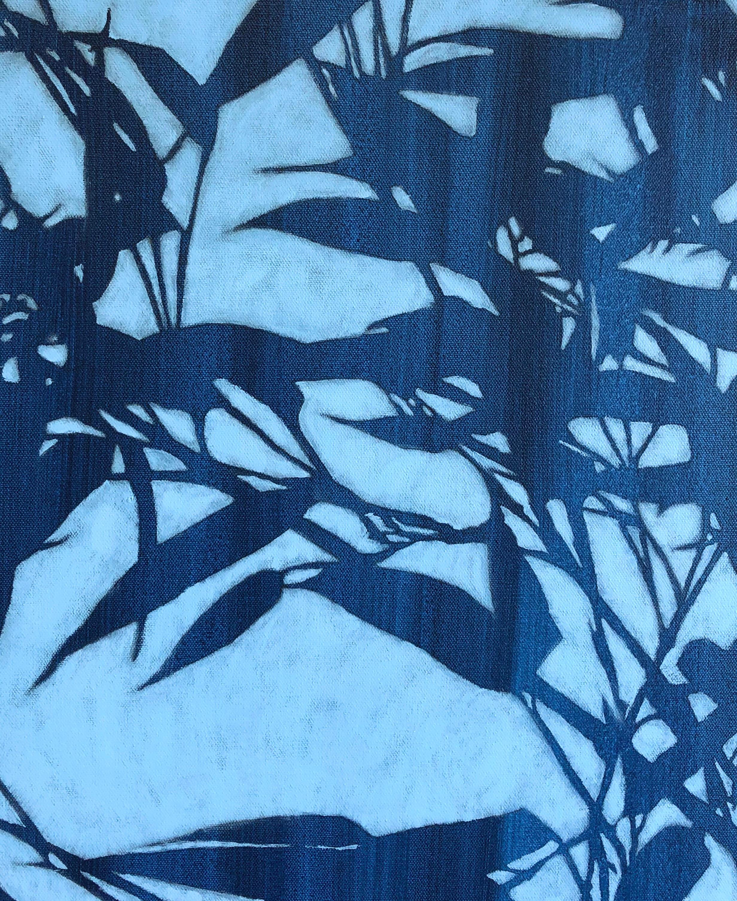Original acrylic painting of bamboo entirely in shades of indigo blue. A 30 x 40 inch canvas framed in a white 2 inch deep solid wood floater frame. Exterior dimensions are 32h x 42 inches. (*The video shared here was made before painting was