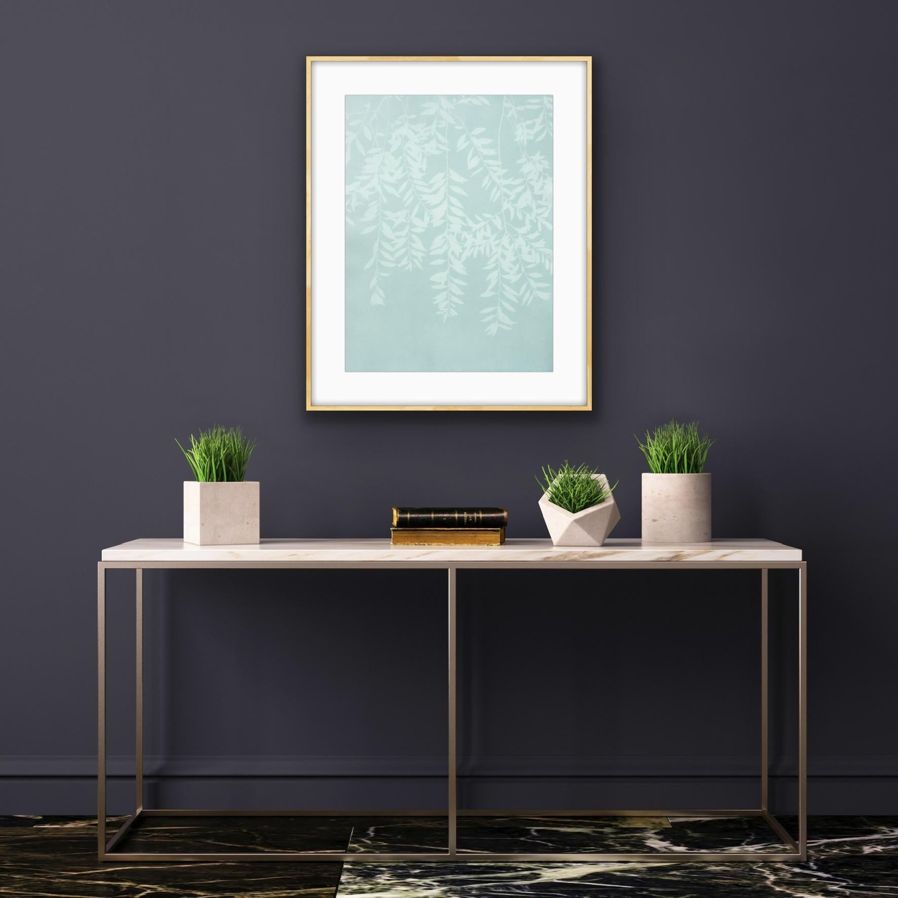 Though this unique monotype looks like a woodcut or linocut, it is not. This is a cyanotype, a kind of lensless photography dating back to the 1800s, but the artist altered the ratio of photo chemicals in the mixture to alter the dark blue color.