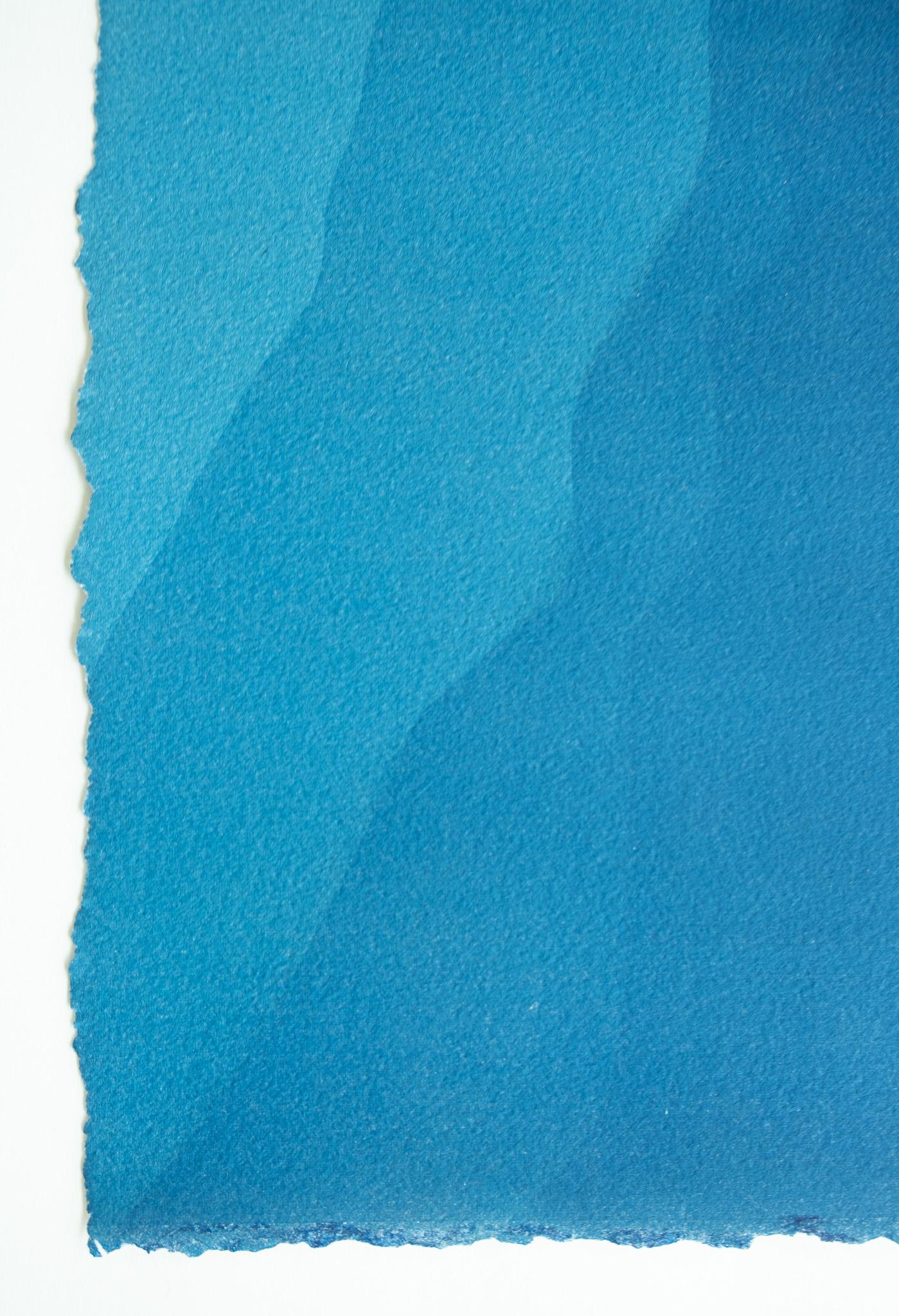 Though these two separate 22.5  x 22.5 inch monotypes resemble abstract watercolor paintings with their soft gradations and luminous quality, they are actually a form of photography called a cyanotype, photogram or sun print.  

These square prints