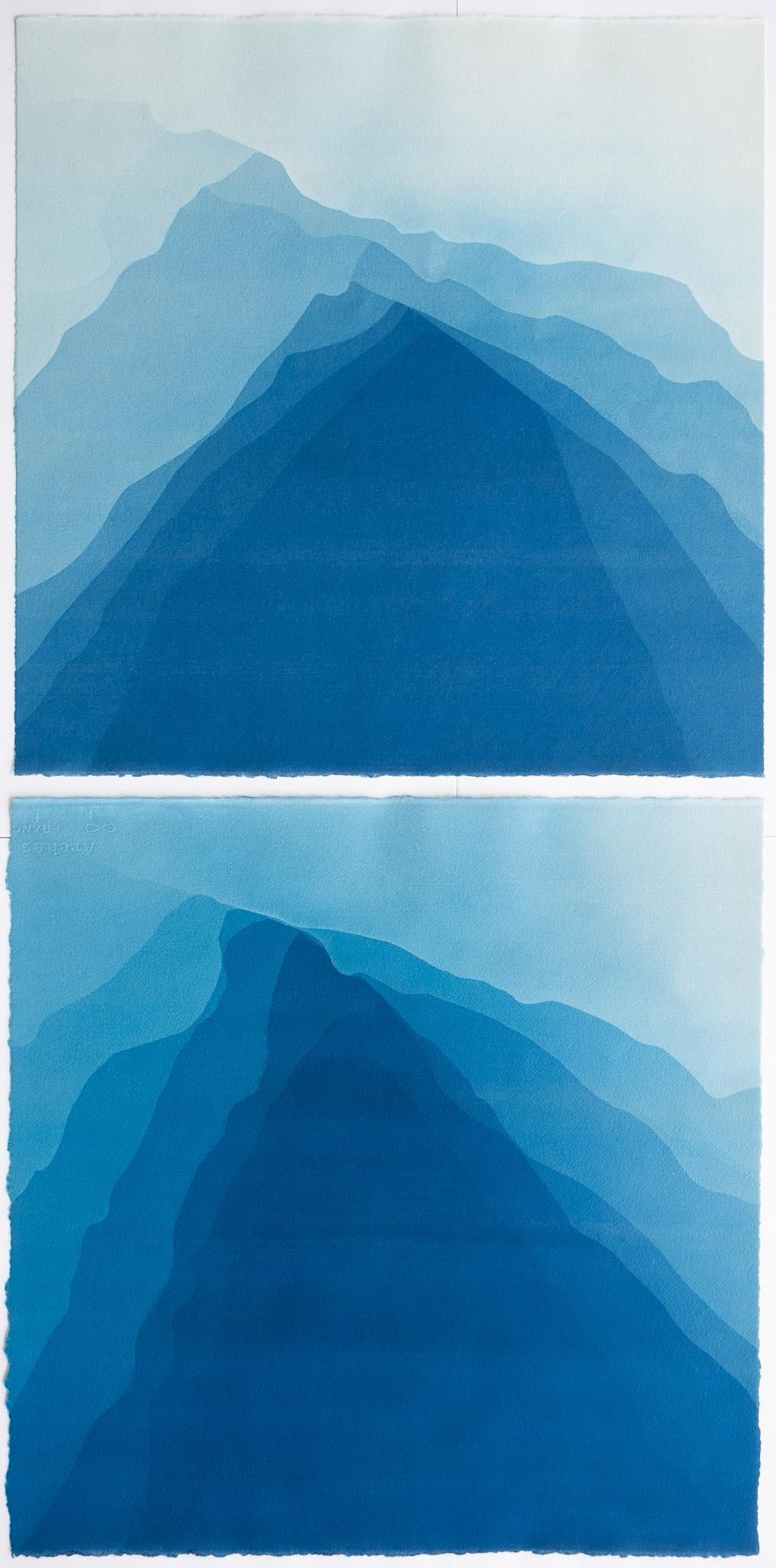 Highest Mountain Diptych II (Two hand-printed 22 x 22 inch abstract cyanotypes)