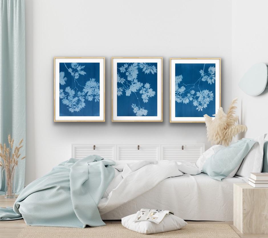 Indigo Maple Triptych (3 hand-printed botanical cyanotypes, 24 x 18 in. each) For Sale 2