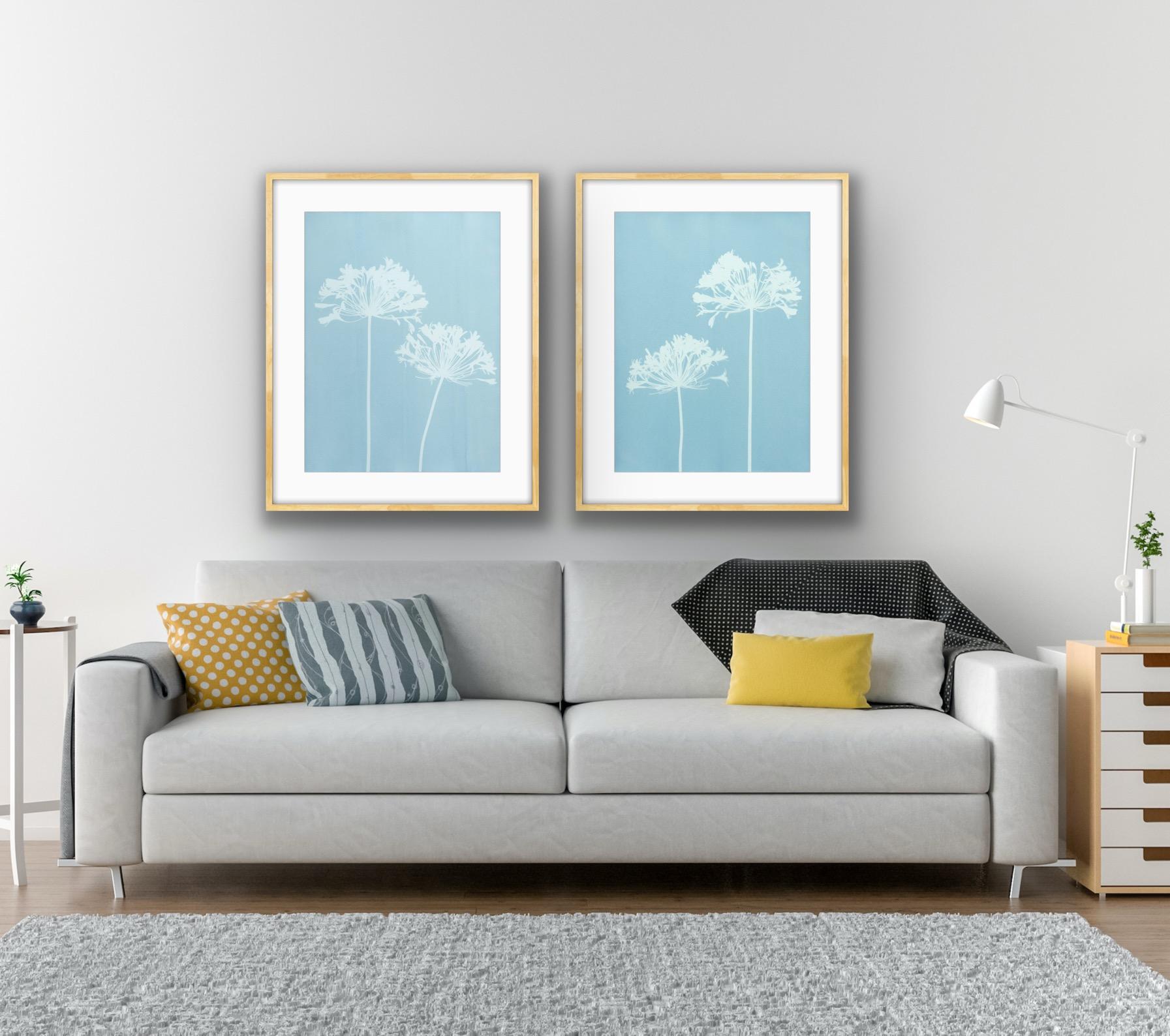Although these look like screen prints or woodcuts, they are a form of 19th-century photography, cyanotypes. The normal color is dark blue. However, this unique celadon color that calls to mind the glaze used in Japanese pottery was made by altering