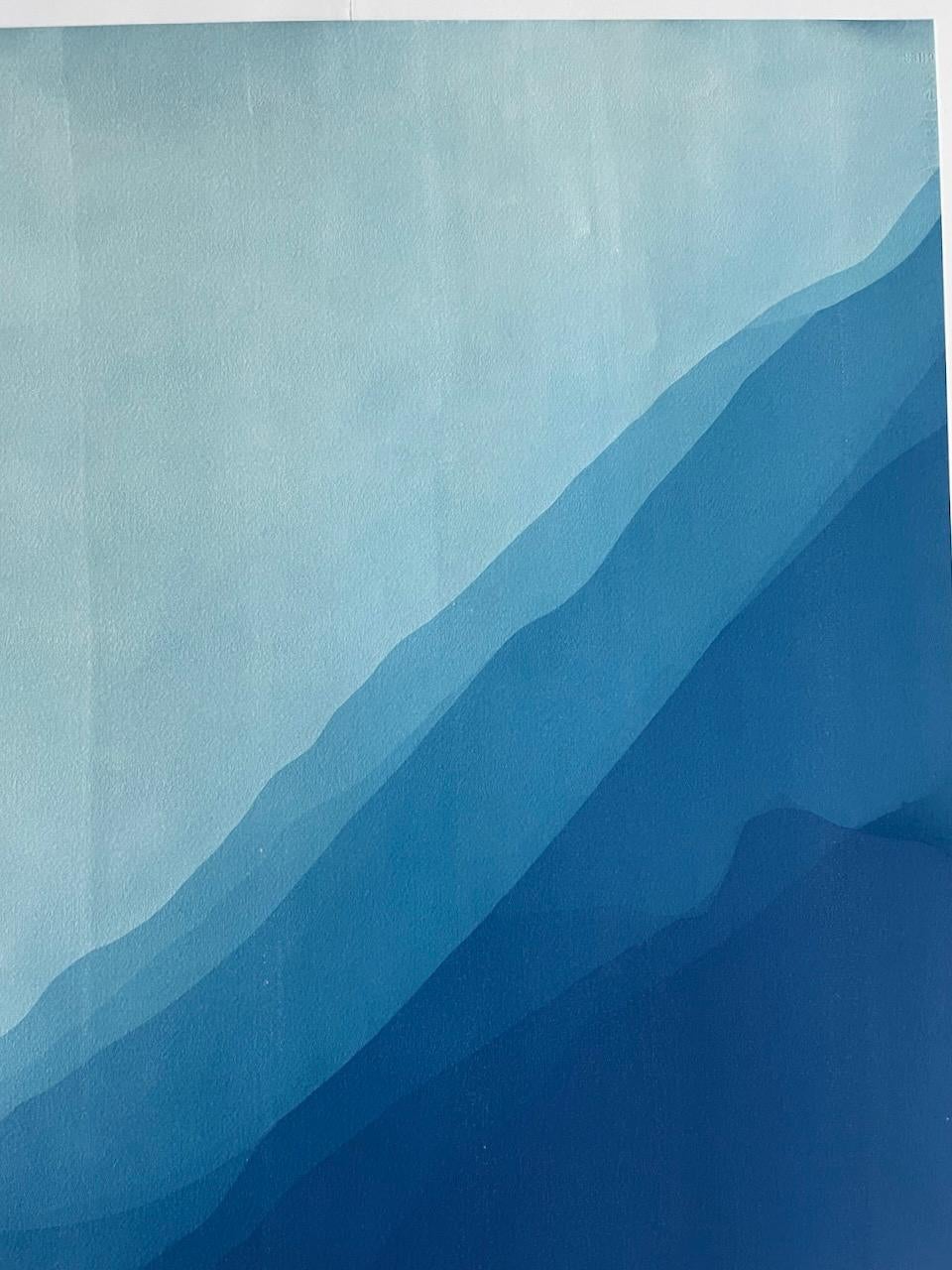 Though it resembles a giant abstract watercolor painting owing to its soft gradations and luminous quality, this is a form of photography called a cyanotype, photogram or sun print. This is a multiple-exposure lensless photograph or abstract