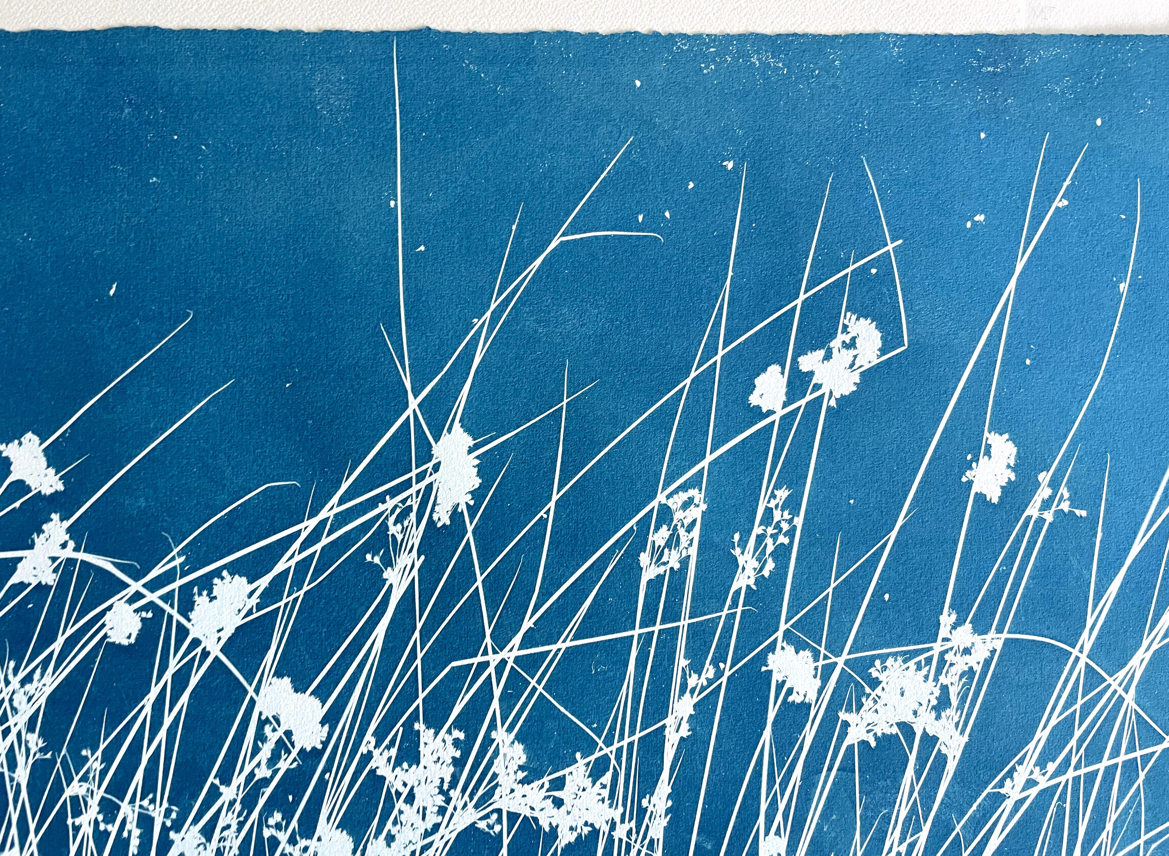 Viento en el pantano (cianotipia botánica impresa a mano, 24 x 60 pulgadas) - Print Contemporáneo de Christine So