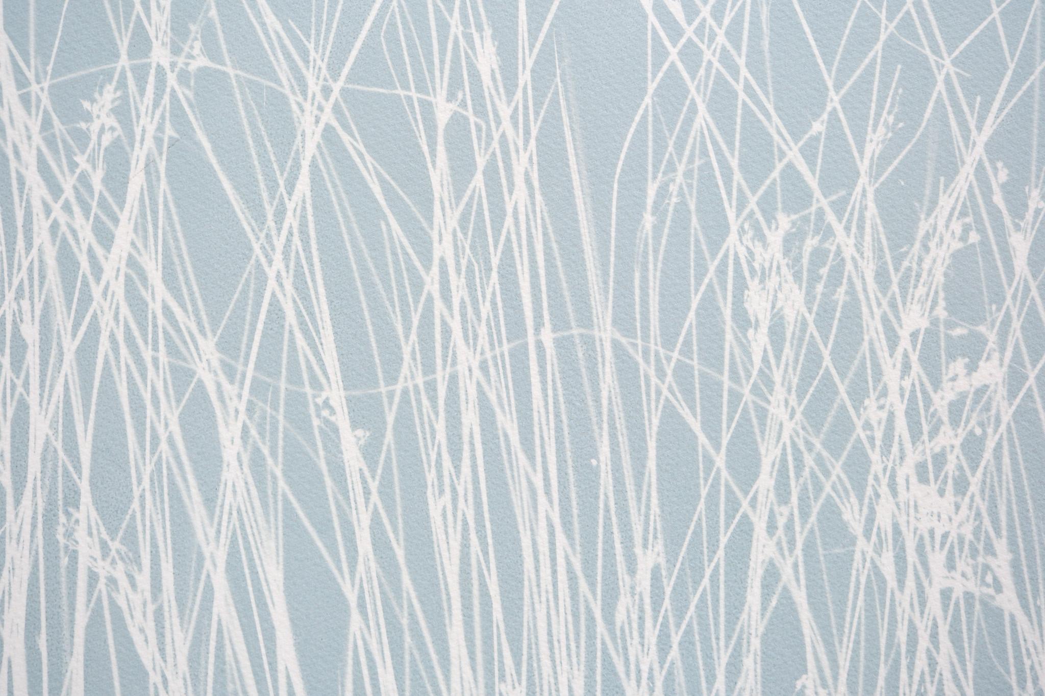 Unframed. 

Although this looks like a screen print or woodcut, it is actually a form of 19th-century lensless photography. The normal color of a cyanotype (blueprint) is dark blue and white. However, this greenish gray cyanotype was made by