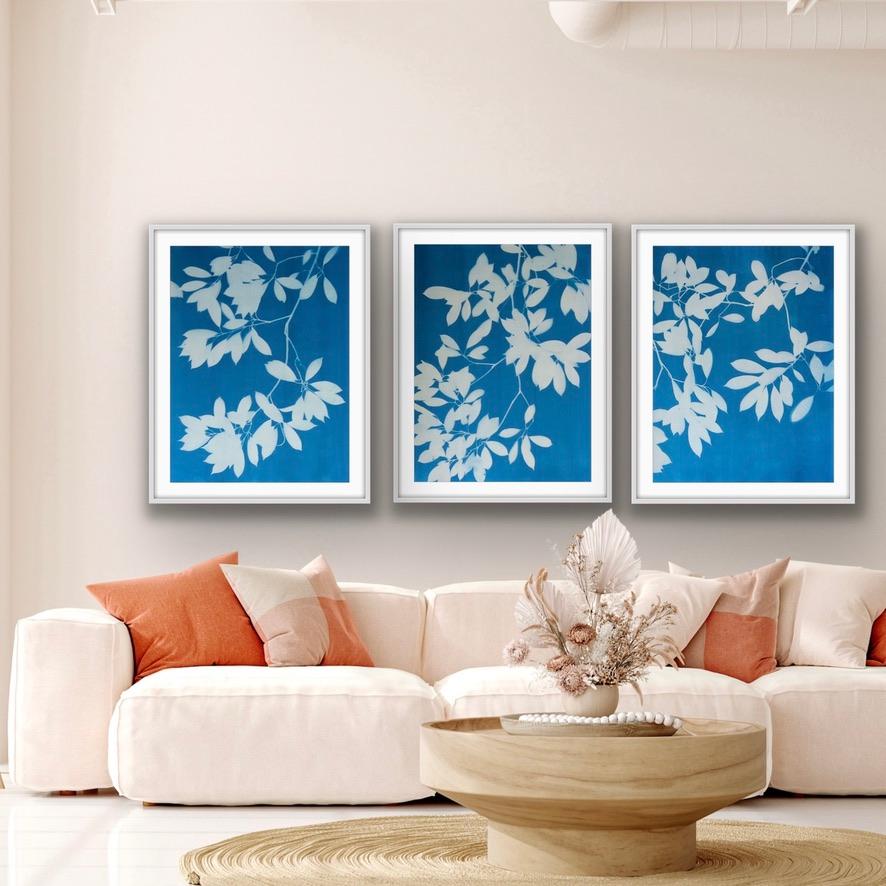 Evening Shade Triptych (3 hand-printed botanical cyanotypes, 30 x 22 in. each) For Sale 1