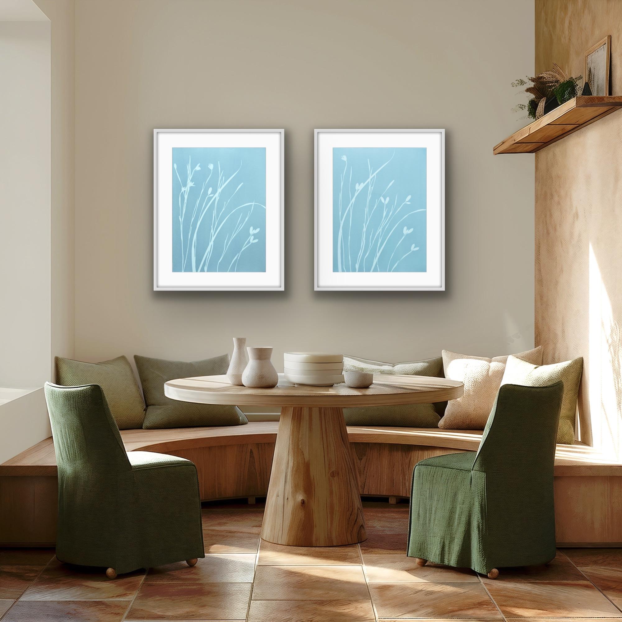 The pale gray-green of this monotype calls to mind the celadon glaze of Japanese pottery. Each was made using freshly-cut long-stemmed wild iris (iris douglasiana) that grow along the California coast. Their impossibly long stems bend with their own