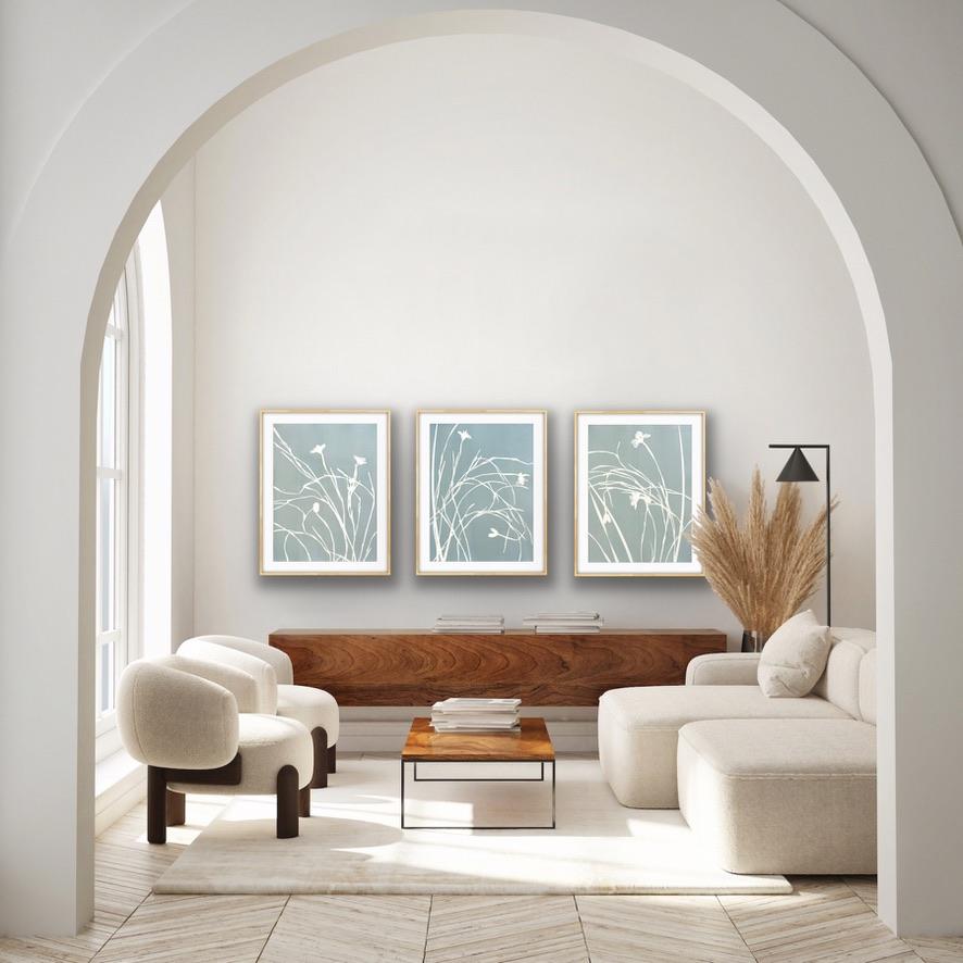 Misty Iris Triptych (3 hand-printed botanical cyanotypes, 24 x 18 in. each) - Contemporary Print by Christine So