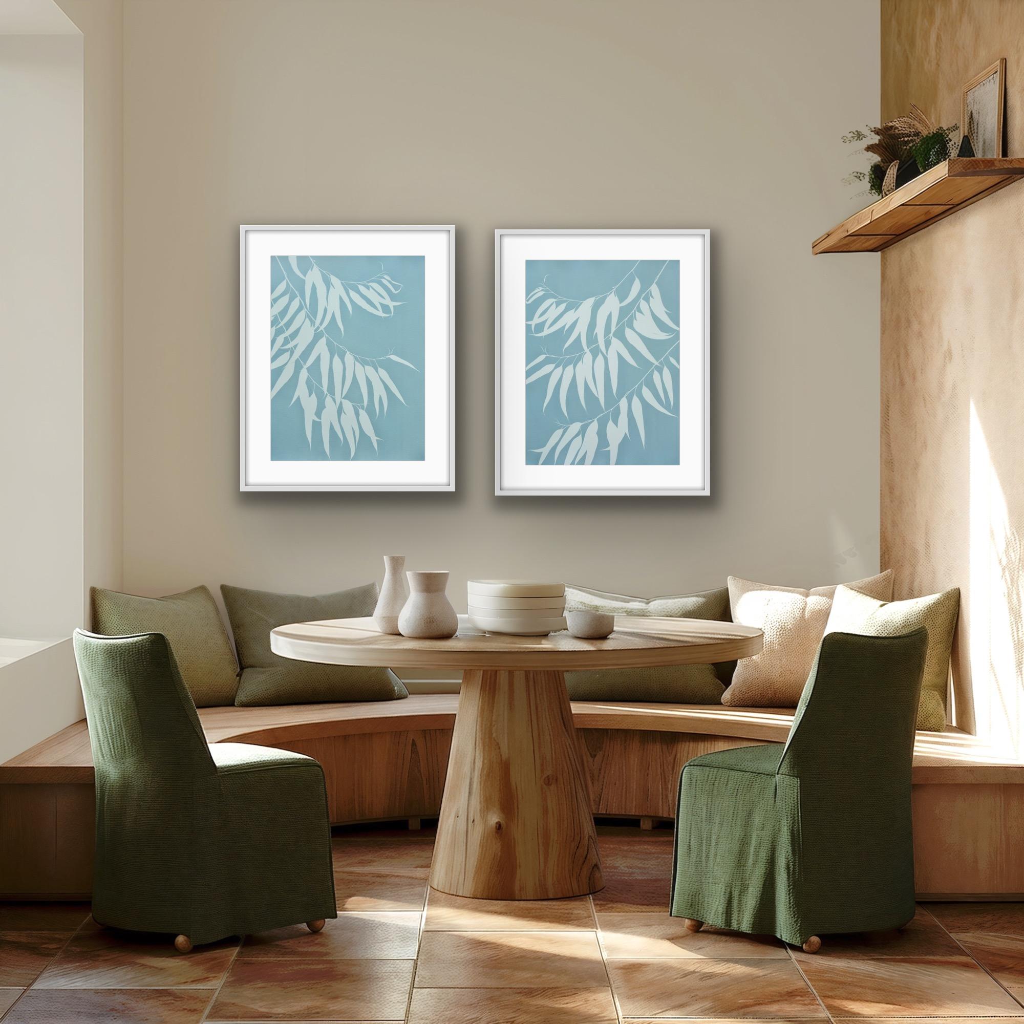 
The pale gray-green of this pair of monotypes calls to mind the celadon glaze of Japanese pottery. Each was made using freshly-cut branches from eucalyptus trees which grow in the woods of northern California.

Although these resemble screen prints