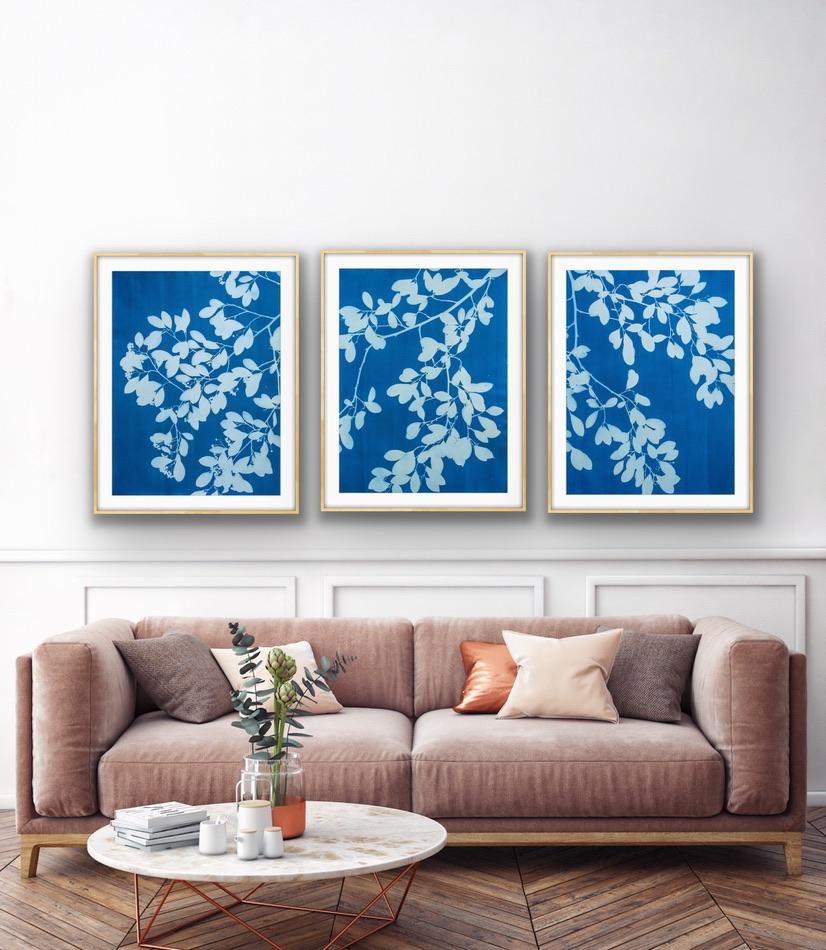 Spring Night Triptych (3 hand-printed botanical cyanotypes, 30 x 22 in. each) For Sale 2