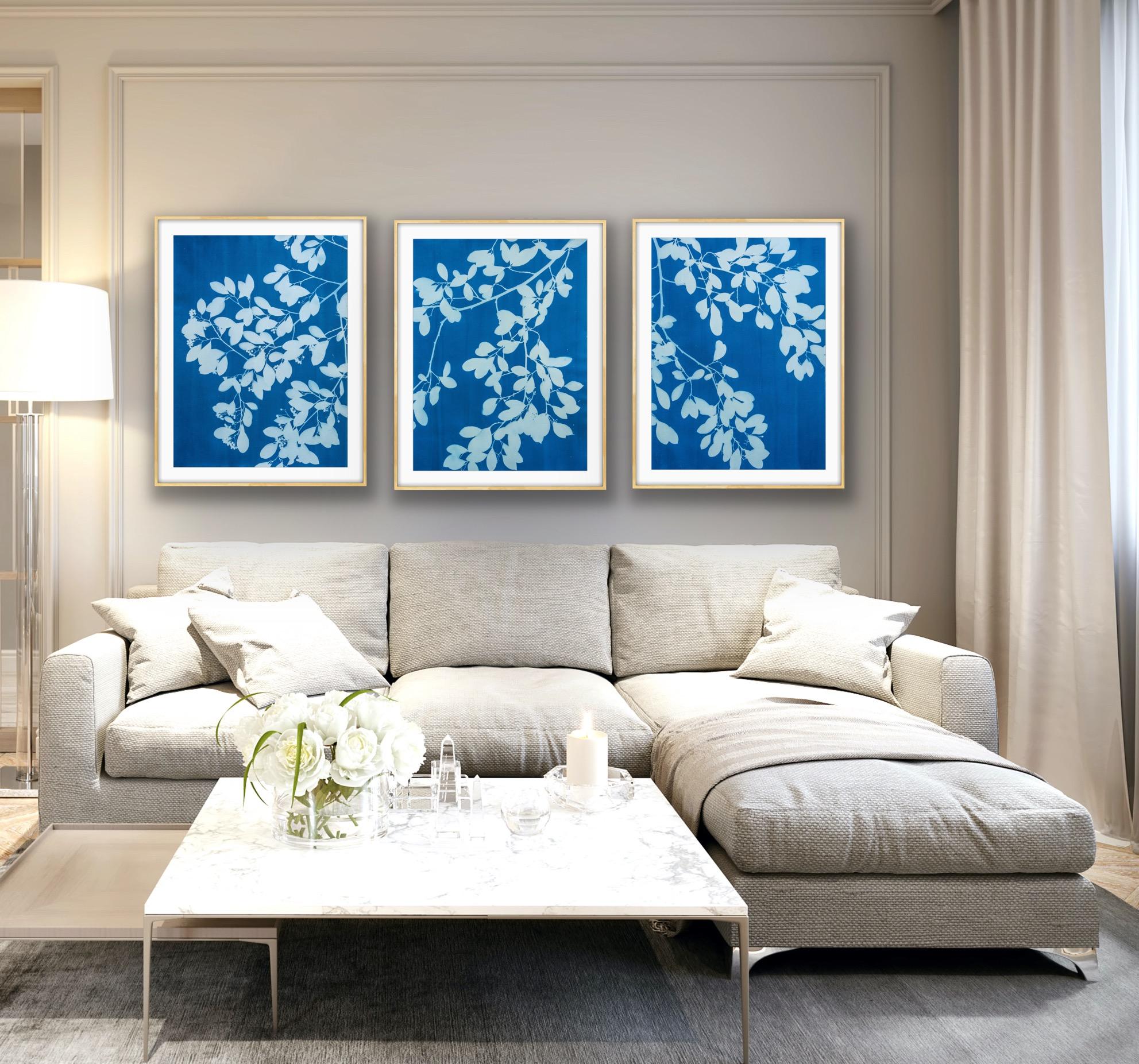 Spring Night Triptych (3 hand-printed botanical cyanotypes, 30 x 22 in. each) For Sale 4