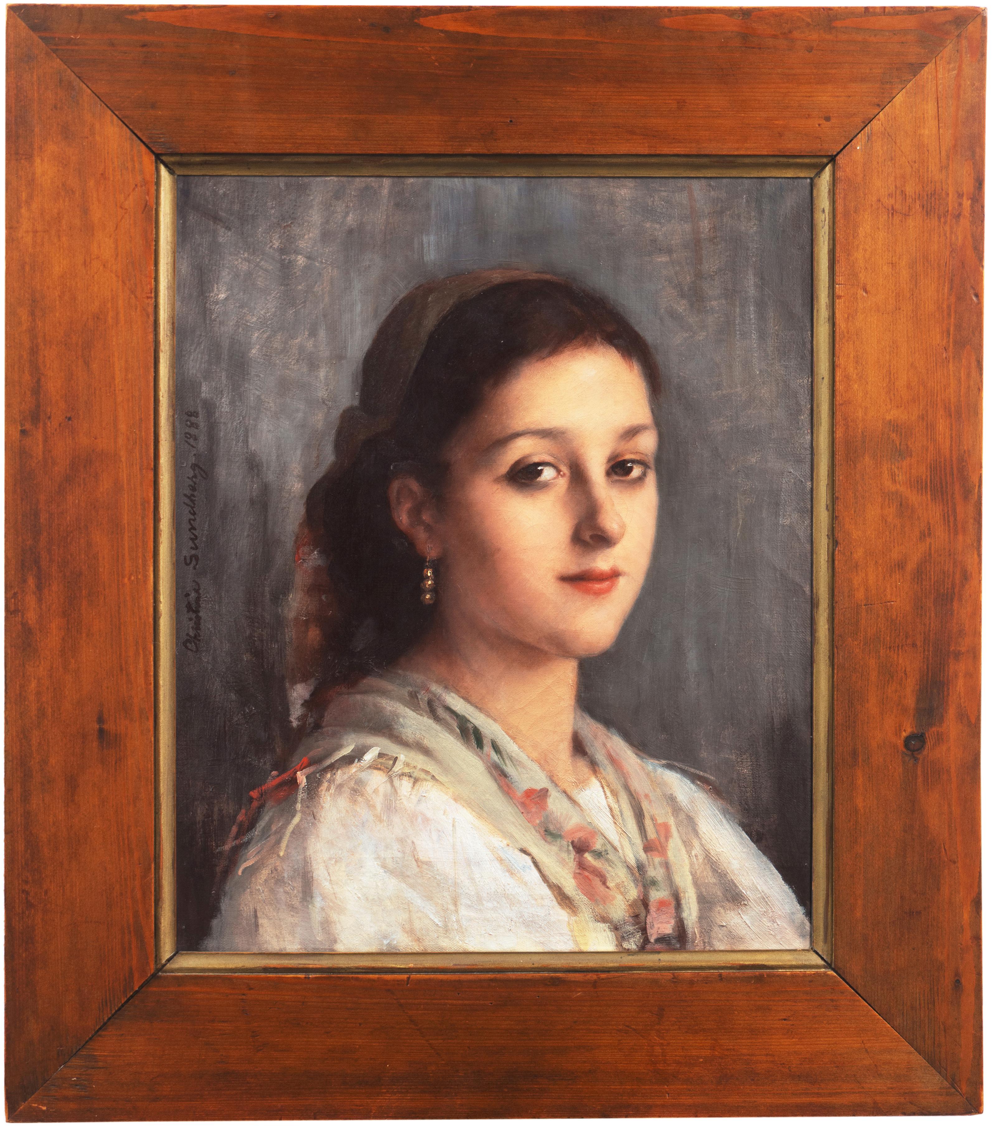 Figurative Painting Christine Sundberg - Jeune femme à la boucle d'oreille en or", Paris, Académie royale, Colarossi, Jeu-de-Paume