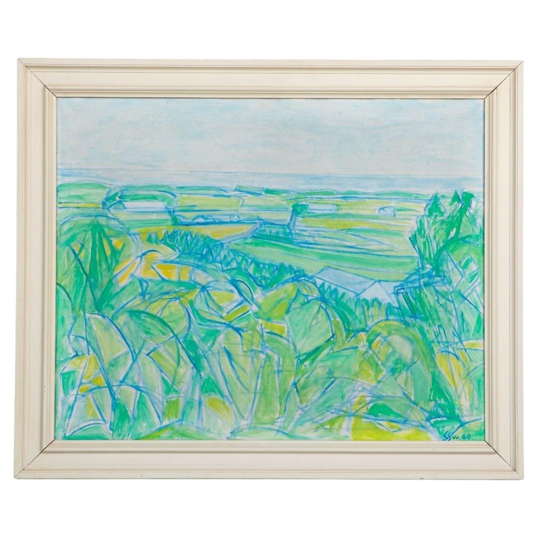 Christine Swane - Peinture à l'huile représentant un paysage dans le style moderniste danois, signée, 1960