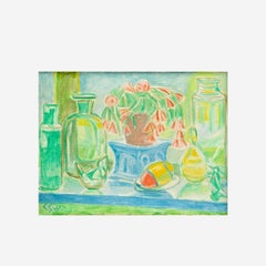 Christine Swane – Still Life with Flowering Potted Plant, Oil on Canvas