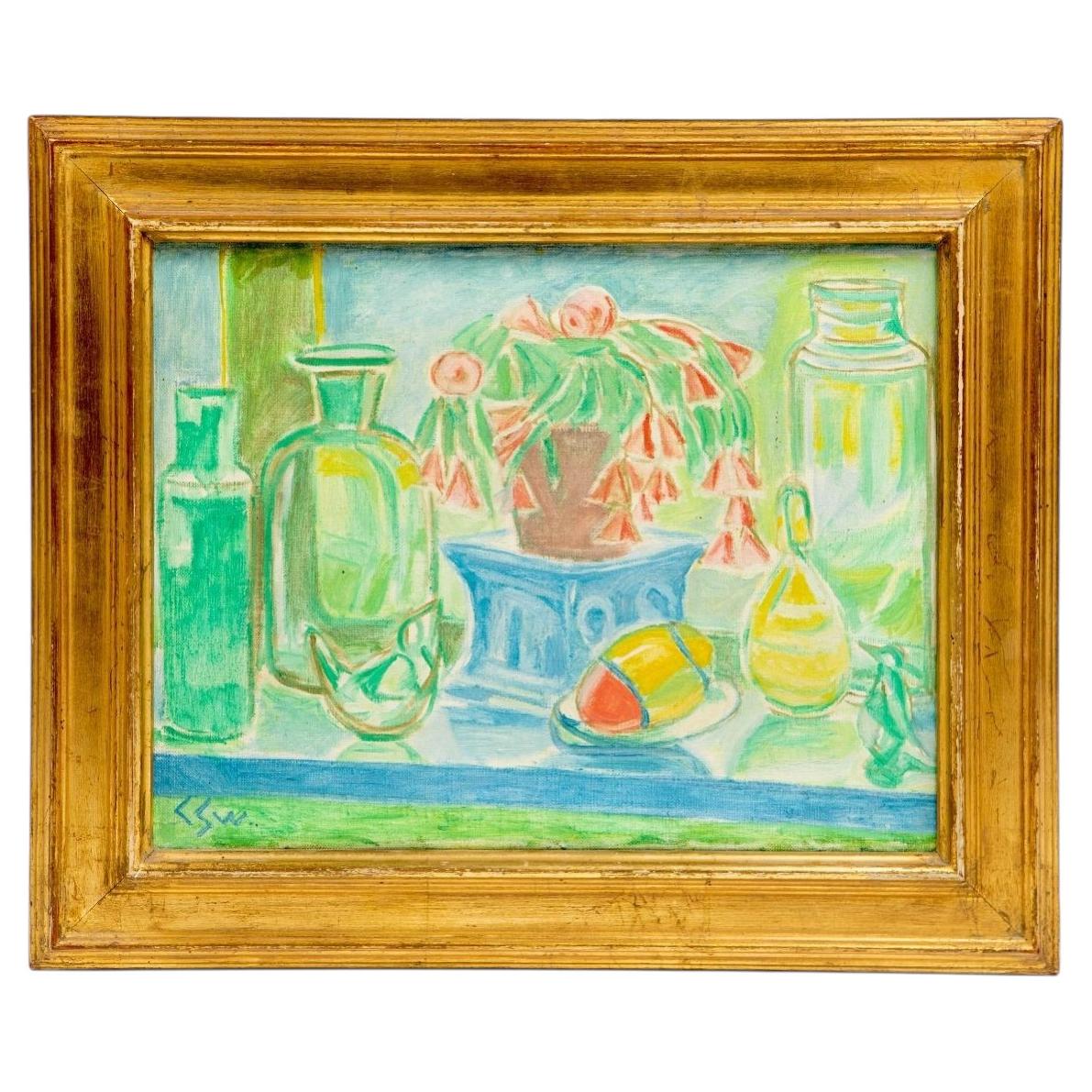 Christine Swane – Still Life with Flowering Potted Plant, Oil on Canvas