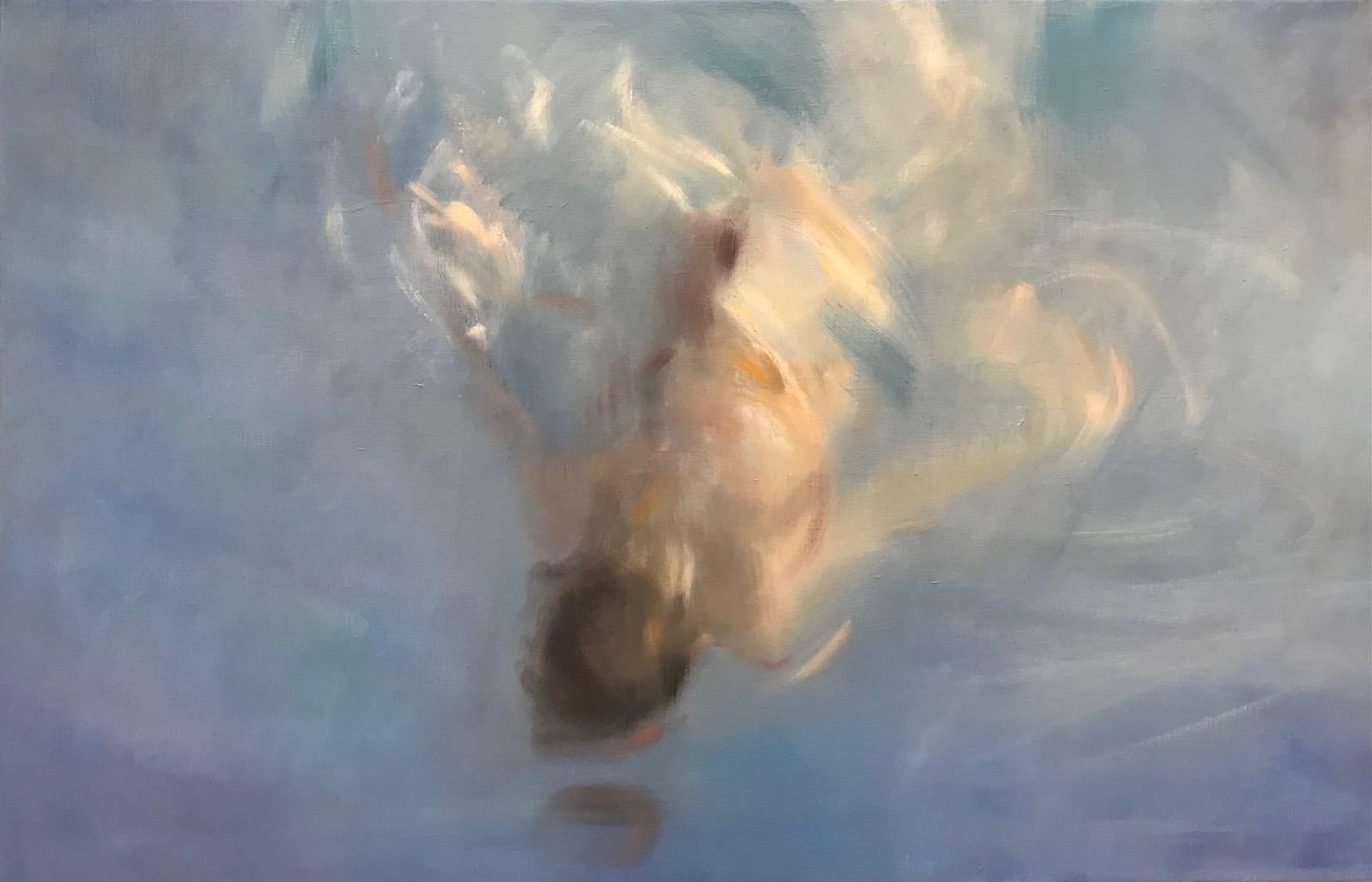 Christine van der Cingel Portrait Painting - ''Dive'' Contemporary Painting of a Boy Diving in a Pool